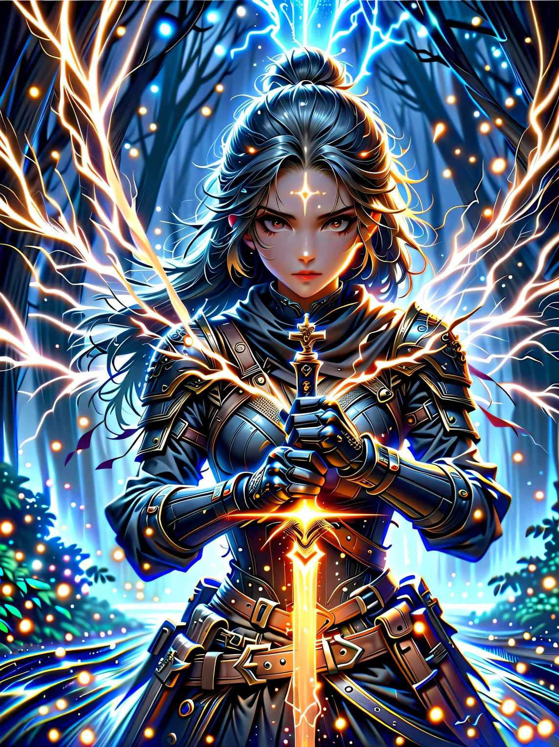 fantasy,forest scenery photo,Chinese martial arts style,Skin is moist and shiny,(25-year-old female samurai wearing black combat clothing,Holding golden decoration and glowing gun),(In a dense bamboo forest,Forest trails,night,thunderstorm,heavily clouded,rainwater:1.2),Chinese style,barbara(Genshin:0.5),Elsa(Frozen:0.5),(fine details:1.2),black hair,wavy hairstyle,light,sad,brown eyes,Symmetrical facial features,Delicate hands,Exquisite fingers,Combat attire,(masterpiece:1.2),(Epic composition:1.4),(talent:1.2),Super details,Highly detailed,Crazy details,(Realistic photos:1.2),HDR,8K,Exquisite,sharp,grace,Dreamy bright colors,high quality,