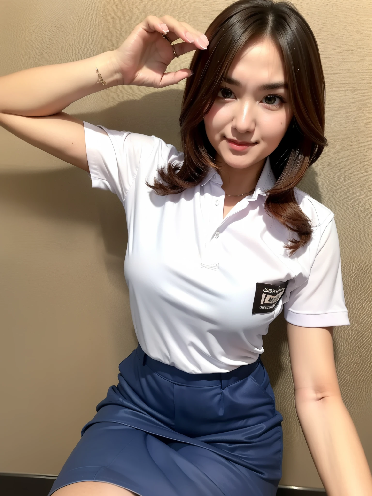 (hyperrealistic), (illustration), (high resolution), (8K), (extremely detailed), (best illustration), (beautiful detailed eyes), (best quality), (ultra-detailed), (masterpiece), (wallpaper), (photorealistic), (natural light), (detailed face), (high detailed realistic skin texture), (anatomically correct), (solo), (1 girl), (high detailed realistic hair), (caramel hair), (heterochromic eyes), (detailed eyes), (brown eyes), (sparkling eyes), (realistic big breasts), (slender abs), (dynamic pose), (closed tiny mouth), (concentrated expression), (upon body from head to thigh), (dimple)
