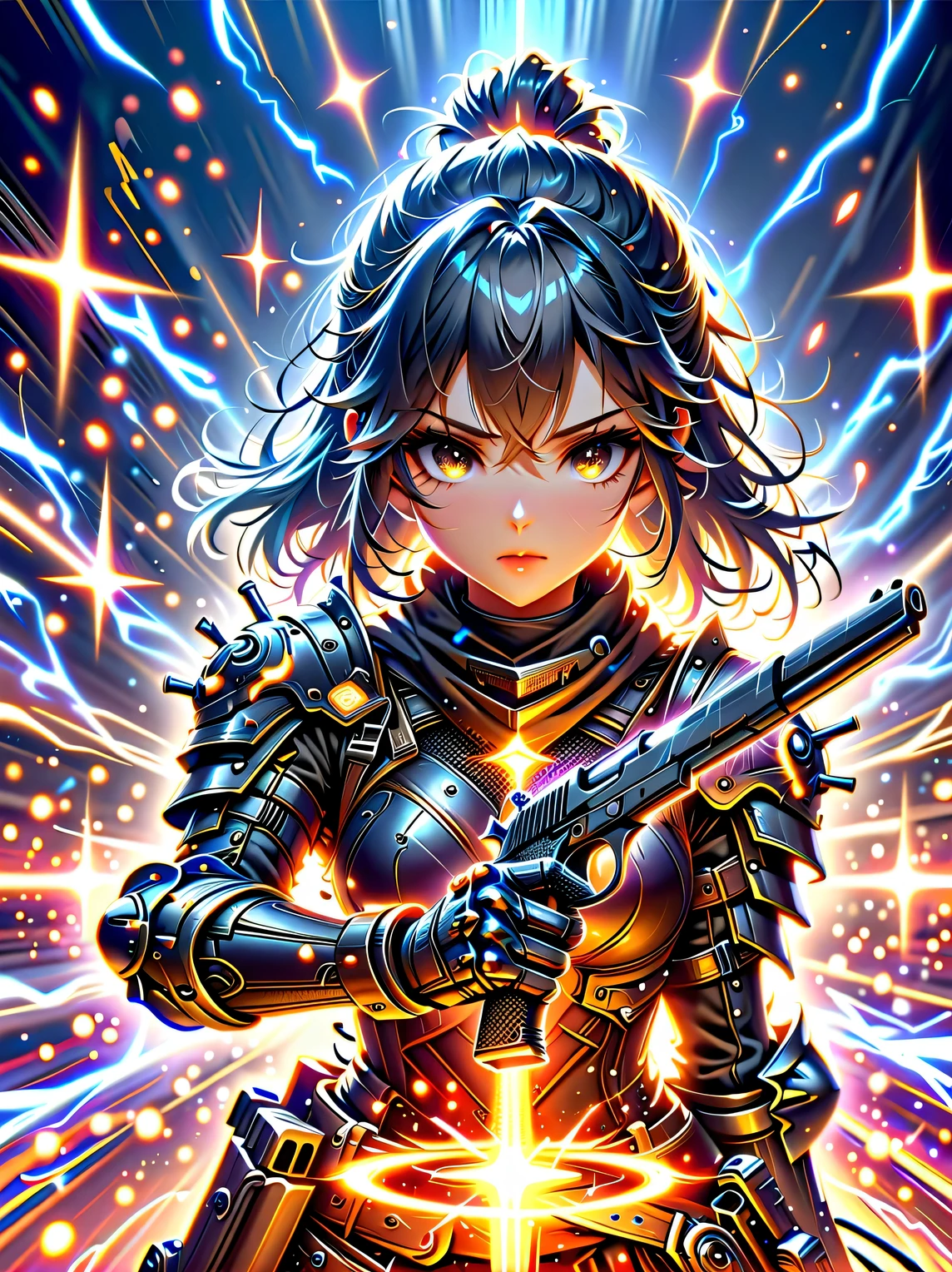 premium quality、masterpiece、highest quality、Super details、Super details、ultra high definition、perfect anatomy、blurred background、outdoor、Cherry blossoms、mist road、studio lighting、bright future、for the audience、Pink and black armor、girl、Holding IMI Desert Eagle pistol in both hands、ponytail、glow、shine、eye-catching、Hong Kong style,portrait,medium shot