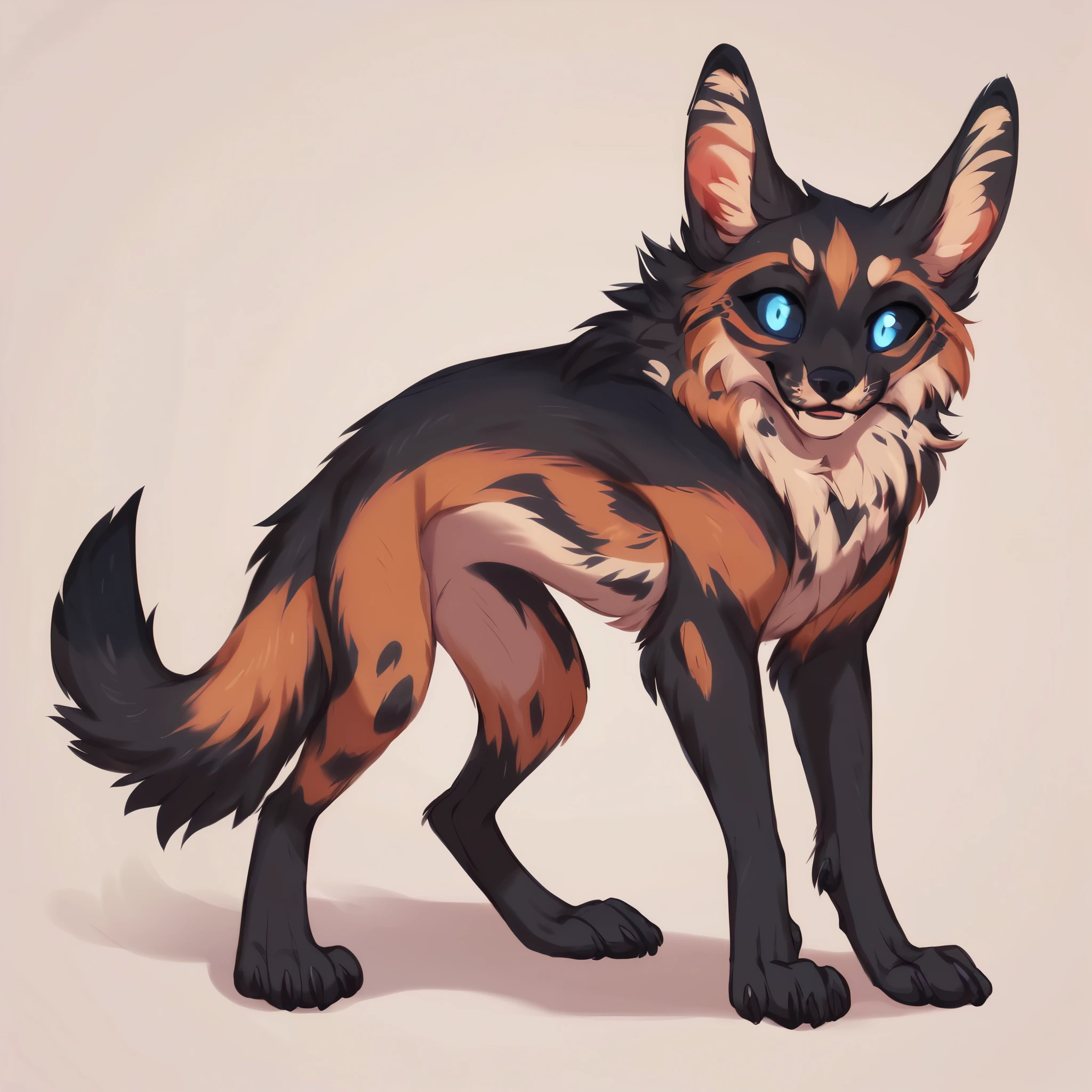 score_9, score_8_up, score_7_up, score_6_up, score_5_up, score_4_up, show accurate, full body, simple background, solo, feral chupacabra, female chupacabra, teenage chupacabra, adorable face, standing on all fours, black sclera, sapphire blue eyes, bright eyes, playful look, overflowing emotion, full black fur, face with white fur, skinny body,