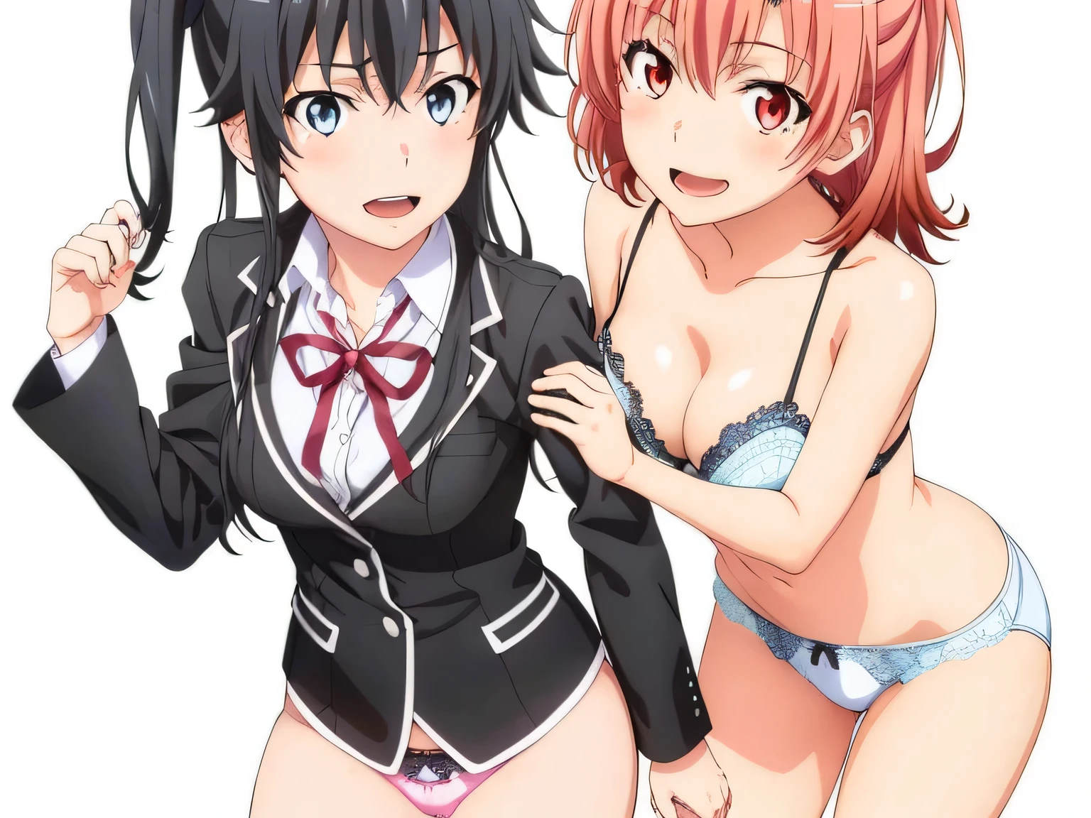 2 girls , Yukinoshita Yukino , yuigahama yui'Great bust and hips, waltz dance , uniform,black blazer,white shirt,ribbon,Light pink lace panties,white lace panties,(pussy line:1.0),thighs,high angle,look at the camera,smile,open your mouth,(I'I'm blushing with embarrassment),