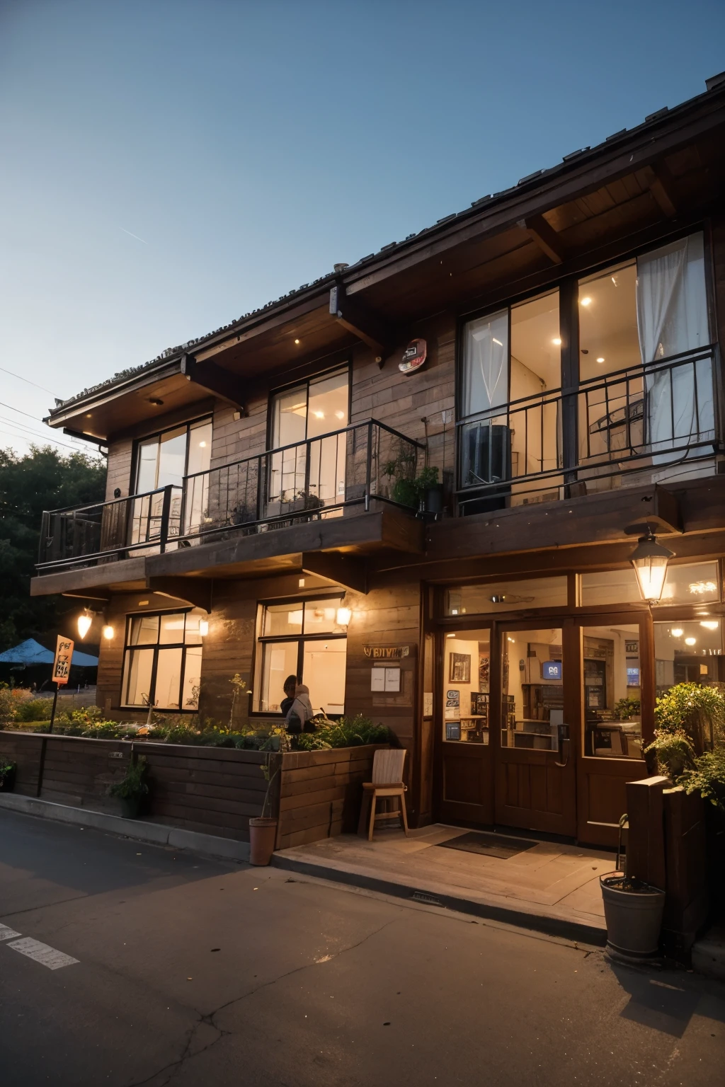 Raw photo, high quality, best quality, superdetail, vegetarian restaurant, exterior, night, wood material, 4 floors