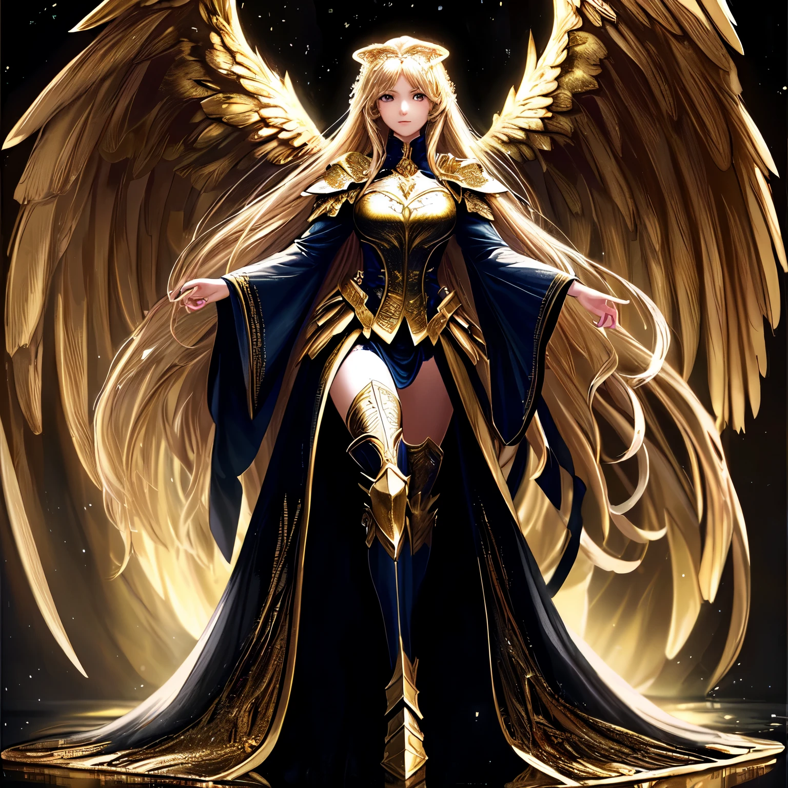 (masterpiece), (best quality), (high detail), best quality, extremely beautiful, beautiful face, angel woman, 2 big golden wing, full body. revealing armor with open_front_skirt, very long hair