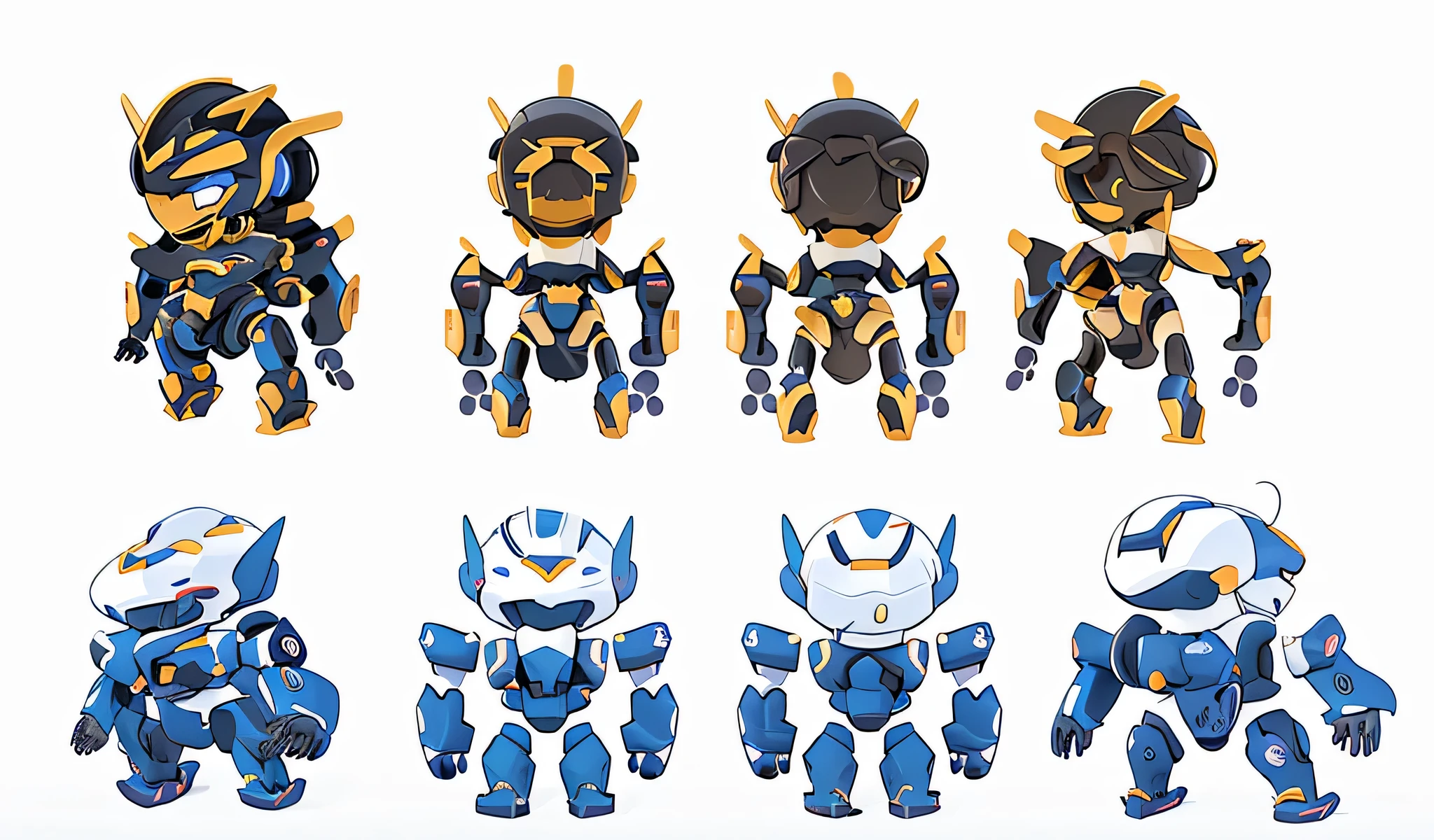 game character,2 head-to-body ratios,Mecha game,Interesting and fun,Different color styles,Three View,Contains the front view,Rear view,45 degree chart,Split of mecha elements