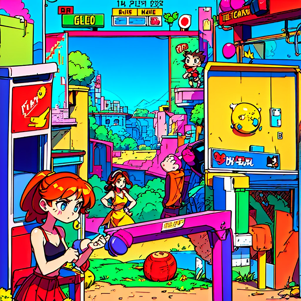 a girl playing a retro game, pixel art, vibrant colors, nostalgic feel, vintage gaming console, classic joystick, 8-bit graphics, arcade atmosphere, pixelated characters, high score competition, retro arcade cabinet, neon lights, arcade tokens, pixel art animations, old-school gaming experience, retro gaming community, retro gaming tournament, iconic retro game sound effects, retro game character costumes, multiplayer retro games, arcade game cabinets in the background, retro game posters, retro gaming nostalgia