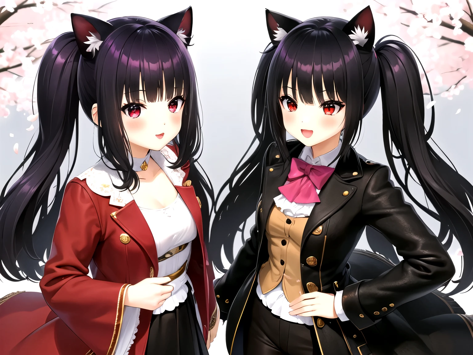 obra maestra, Mejor calidad, 1 chica, solo,((long hair with pigtails and a black fringe with cat ears, beautiful red eyes)), (sonrisa, rubor, la camisa negra, mangas cortas, vaqueros, parque, al aire libre, mirando al espectador, desde arriba, pecho mediano, , (fondo Flores de cerezo, tree, luz de sol, pink petals))
