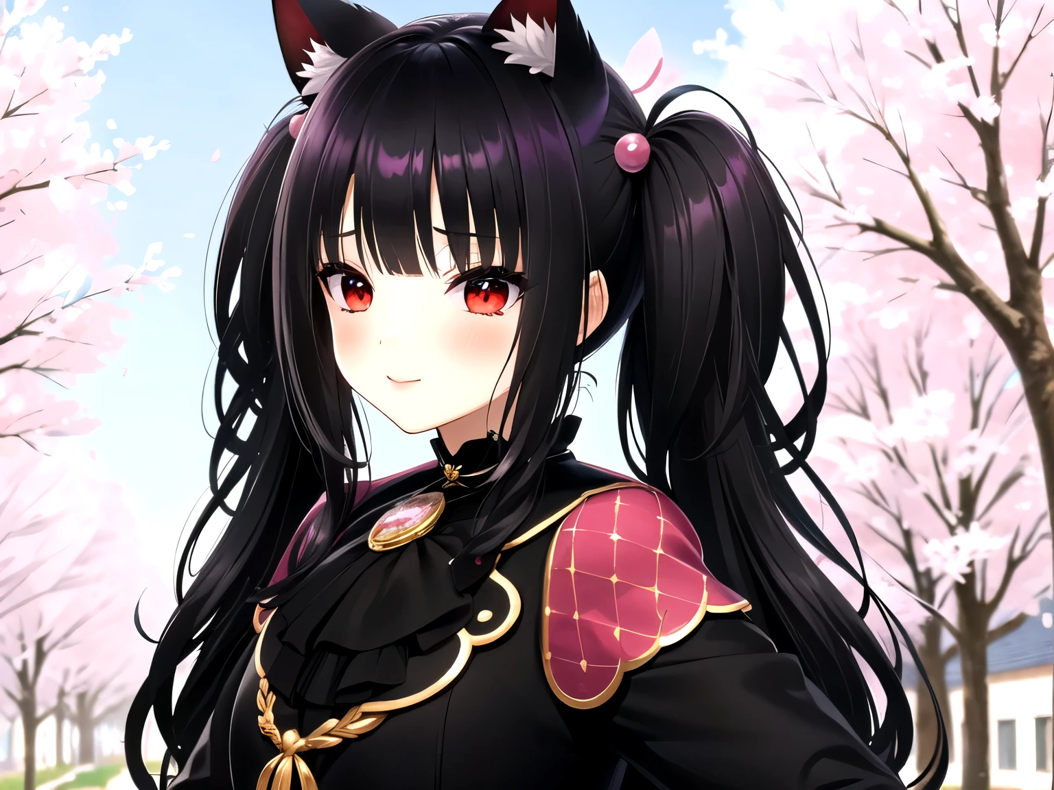 obra maestra, Mejor calidad, 1 chica, solo,((long hair with pigtails and a black fringe with cat ears, beautiful red eyes)), (sonrisa, rubor, la camisa negra, mangas cortas, vaqueros, parque, al aire libre, mirando al espectador, desde arriba, pecho mediano, , (fondo Flores de cerezo, tree, luz de sol, pink petals))