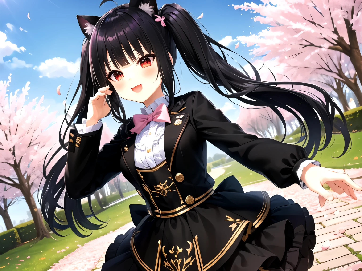 obra maestra, Mejor calidad, 1 chica, solo,((long hair with pigtails and a black fringe with cat ears, beautiful red eyes)), (sonrisa, rubor, la camisa negra, mangas cortas, vaqueros, parque, al aire libre, mirando al espectador, desde arriba, pecho mediano, , (fondo Flores de cerezo, tree, luz de sol, pink petals))