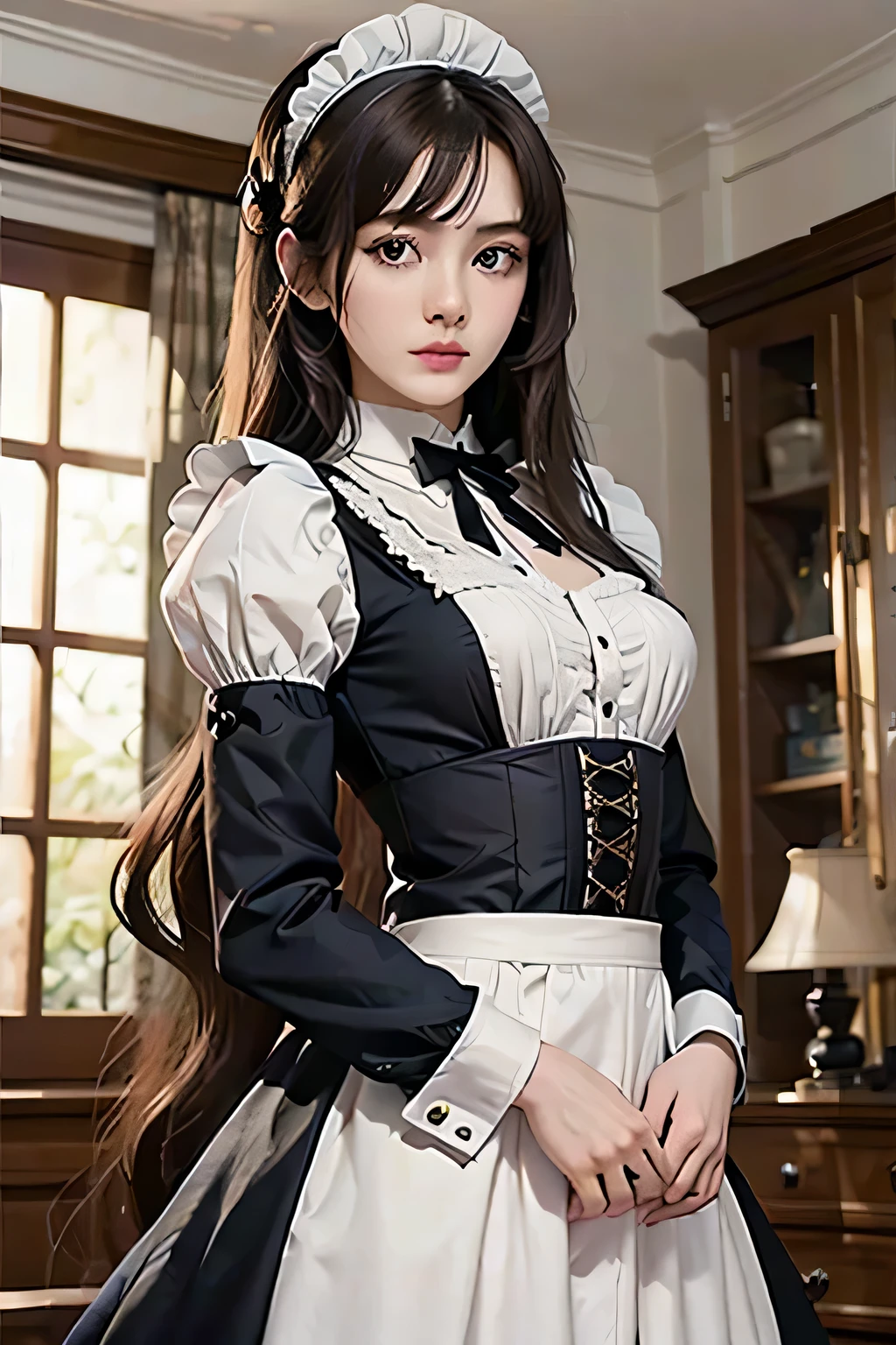 beautiful woman wear victorian maid outfits, long hair, dynamic pose, clear face, shy expression, perfect anatomy, korean model, good anatomy, highest quality, perfect quality, profesional photographer, ofiicial photoshoot, stunning eyes, thick eyelashes, maid outfits, adult woman, tall woman, standing, masterpiece