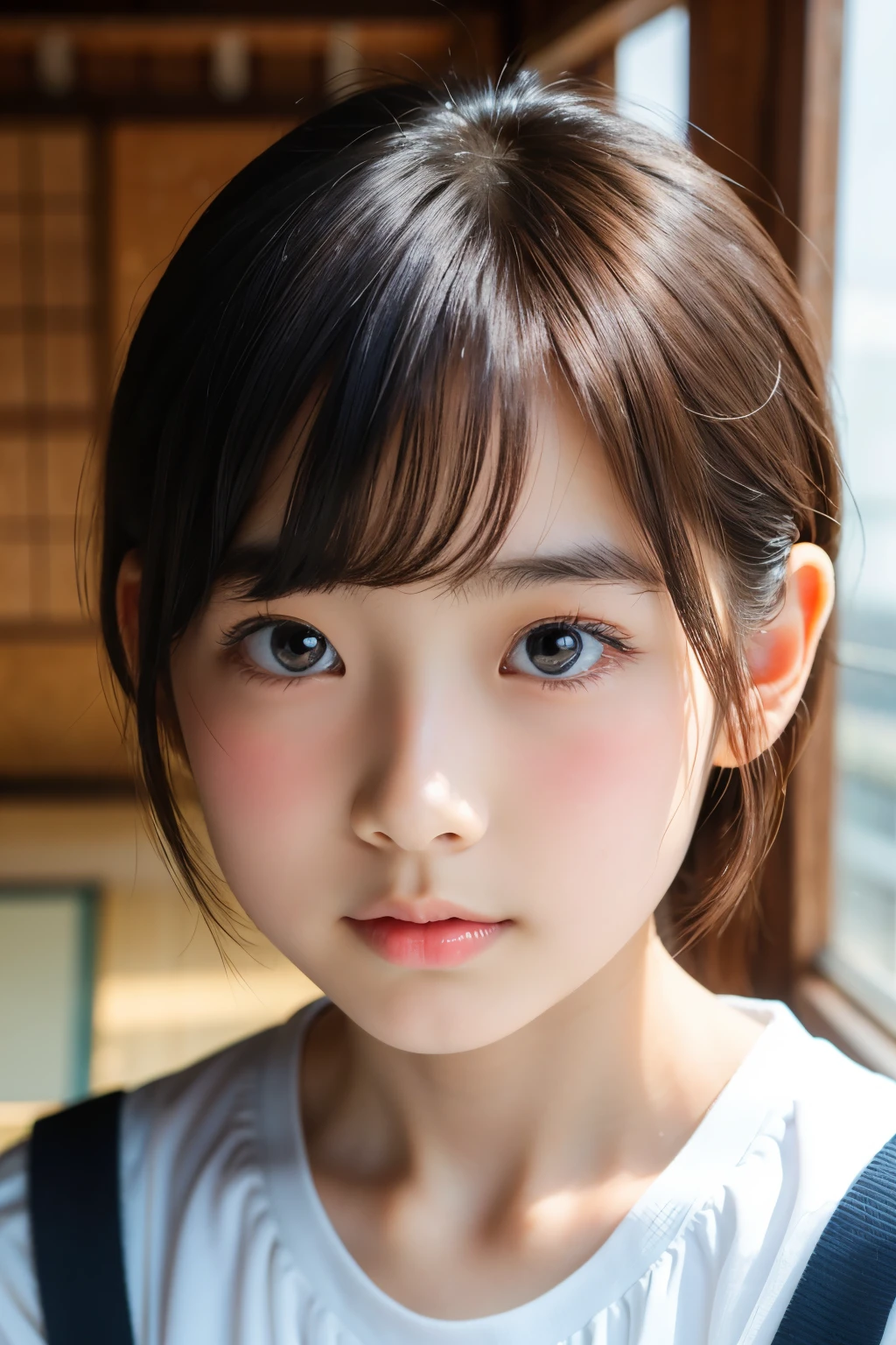 (Beautiful 14 year old Japanese female), cute face, (deeply carved face:0.7), (freckles:0.6), soft light,healthy white skin, shy, bob, (serious face), (sparkling eyes), thin