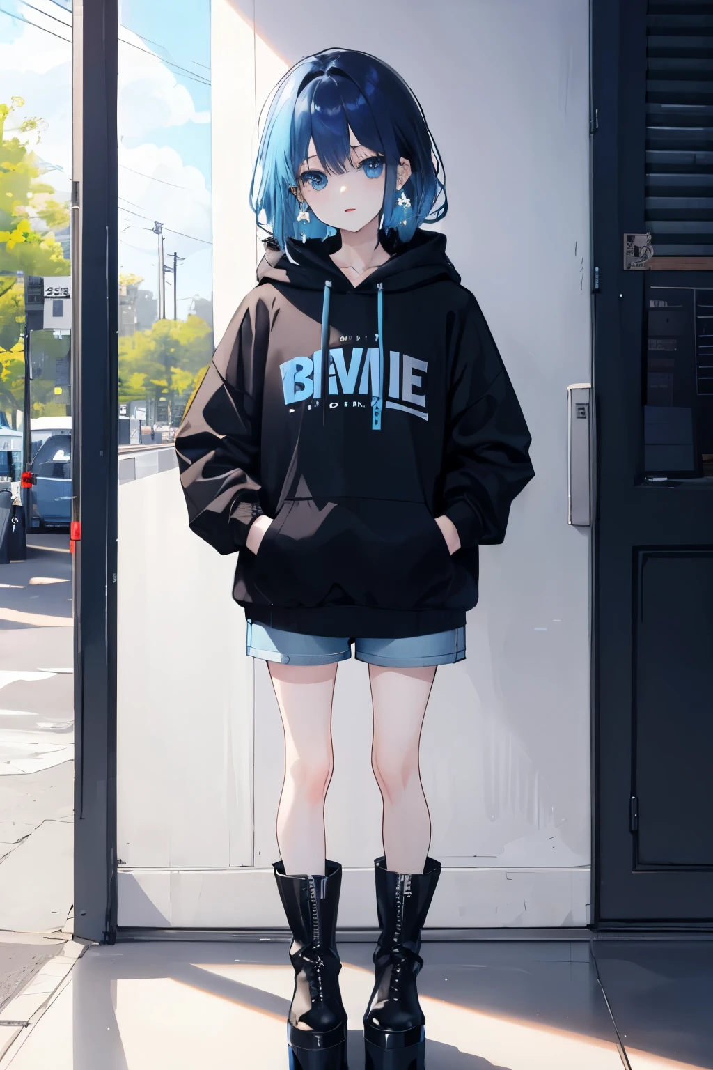 cute、Black hair with light blue tips、Fashionable、I put my hands in my pockets、
3✕3の目、blue eyes、earrings、black hoodie、shorts、platform boots、