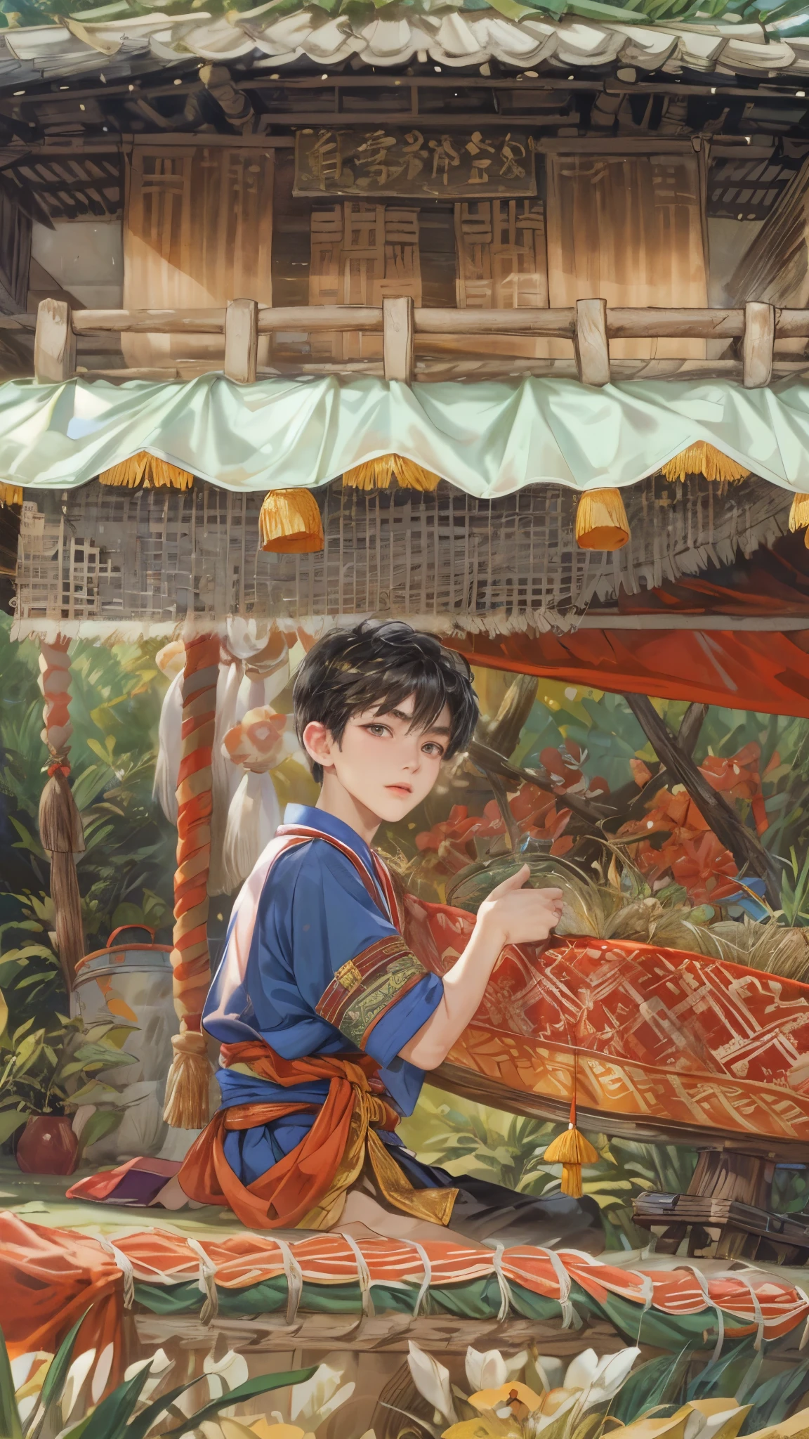 (masterpiece,best quality,ultra_detailed,highres,absurdres), close-up , perfect face, handsome boy, shorthair, ifugao boy, Philippine ethnic costume, detailed festival in town scenery, scenery of town Philippines style, detailed character 