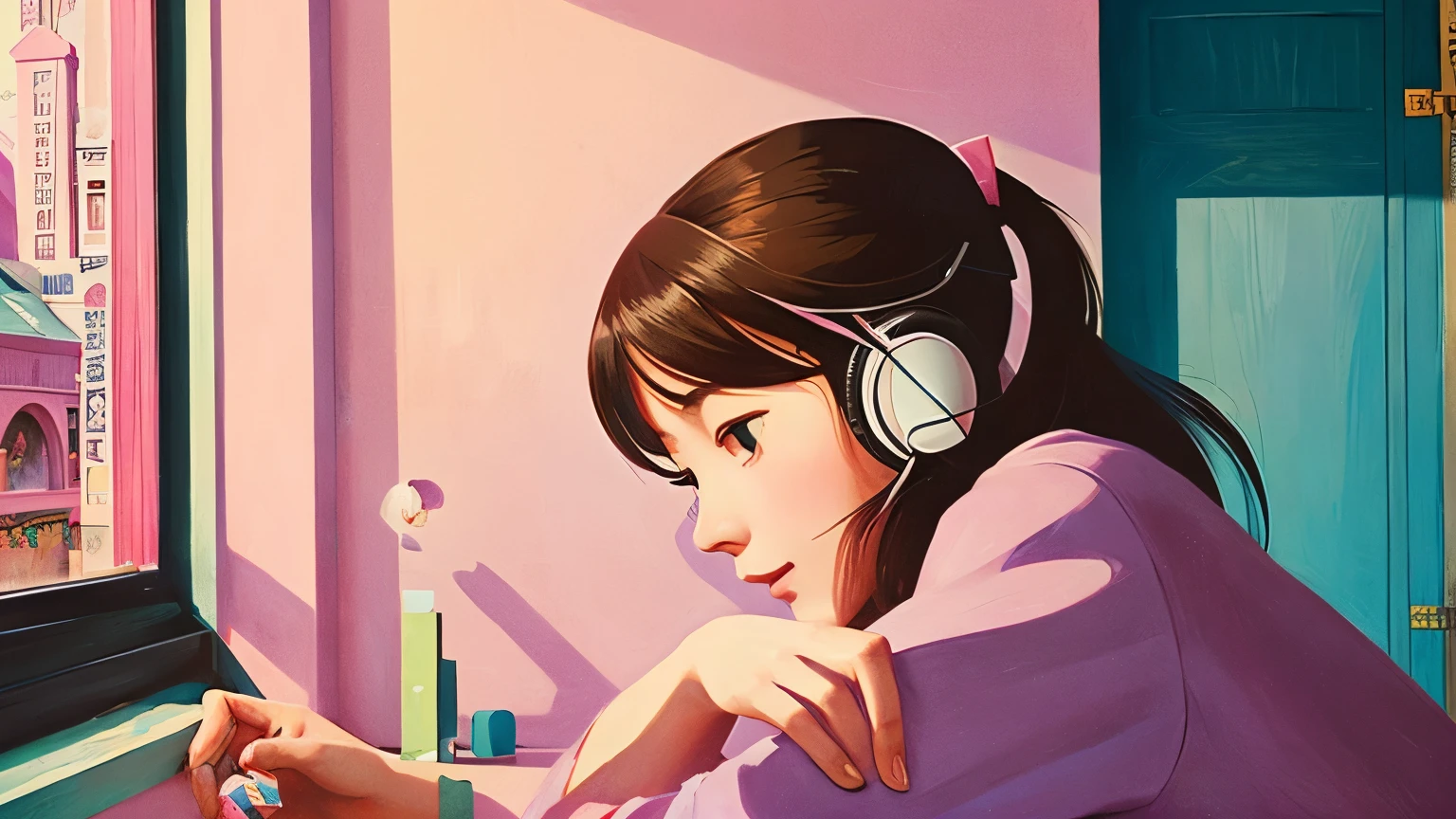 Small face, pretty girl listening to music in a corner of a pink room, painting, detailed work, delicate, sense of depth, anime style, large room, cluttered, immersed, colorful, urban, city center, cutting edge, cat