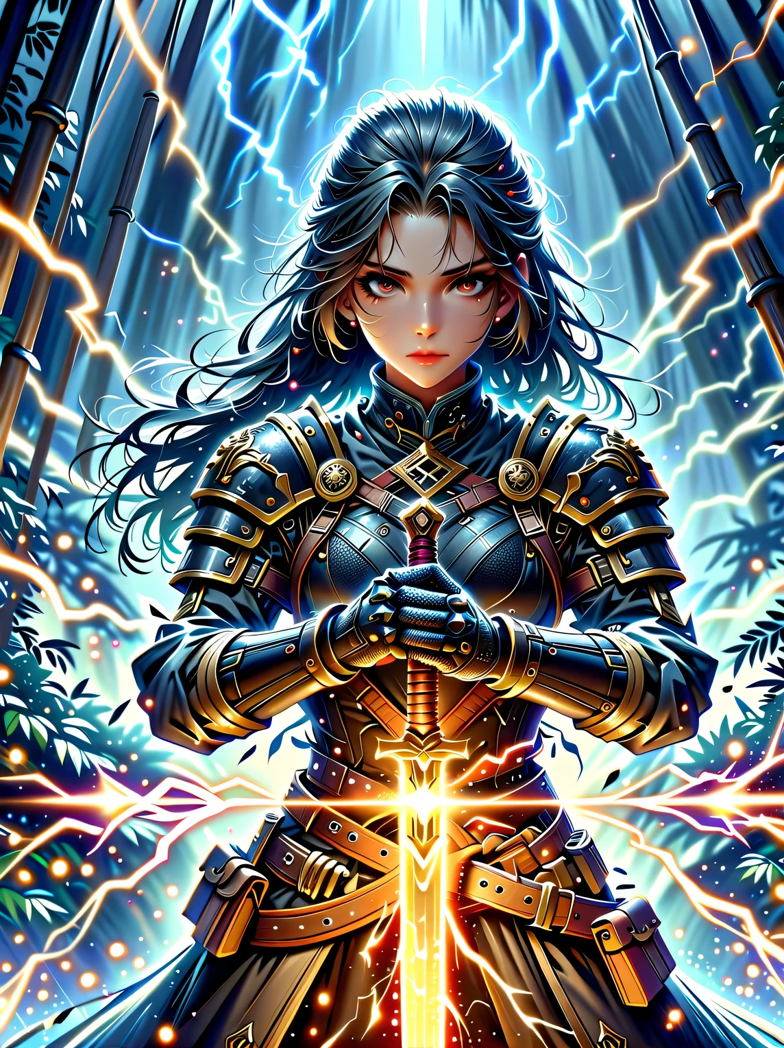 fantasy,forest scenery photo,Chinese martial arts style,Skin is moist and shiny,(25-year-old female samurai wearing black combat clothing,Holding golden decoration and glowing knife),(In a dense bamboo forest,Forest trails,night,thunderstorm,heavily clouded,rainwater:1.2),Chinese style,barbara(Genshin:0.5),Elsa(Frozen:0.5),(fine details:1.2),black hair,wavy hairstyle,light,sad,brown eyes,Symmetrical facial features,Delicate hands,Exquisite fingers,Combat attire,(masterpiece:1.2),(Epic composition:1.4),(talent:1.2),Super details,Highly detailed,Crazy details,(Realistic photos:1.2),HDR,8K,Exquisite,sharp,grace,Dreamy bright colors,high quality,