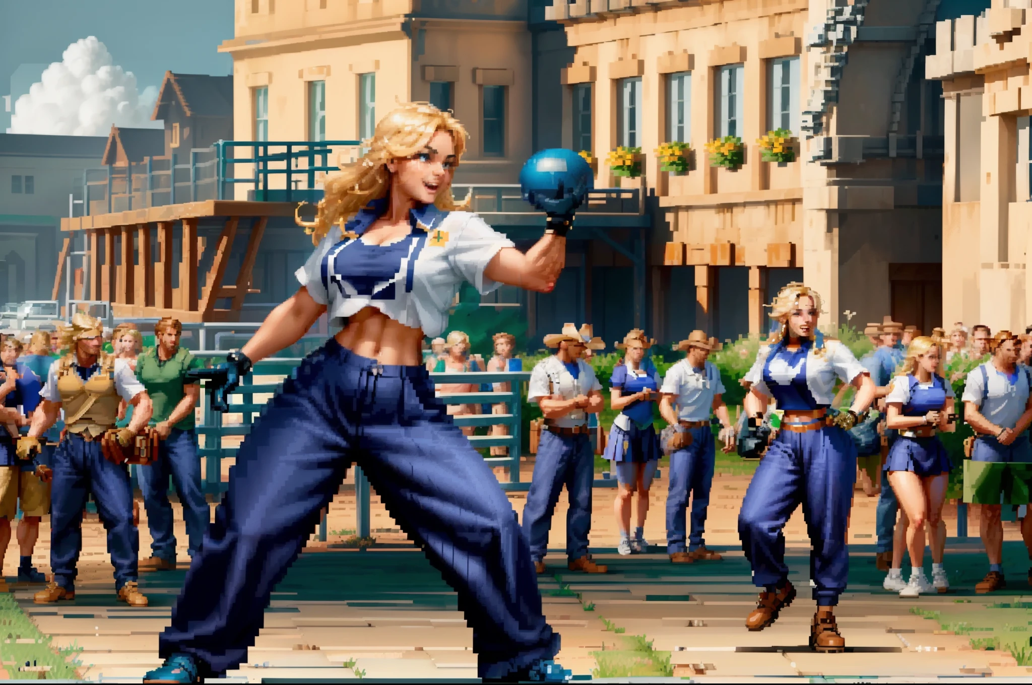Retro Game,1boy cheerleader jumping happy, (PixelArt:1), (blue eyes, shirt,pants, uniform,,makeup, blonde, gloves), curvy, looking at viewer, smile, :D, jumping, cute pose,
(detailed landscape, school, grass, clouds:1.2), (background:1), (dynamic_angle:1.2), (dynamic_pose:1.2), (rule of third_composition:1.3), (dynamic_perspective:1.2), (dynamic_Line_of_action:1.2), solo, wide shot,
(masterpiece:1.2), (best quality, highest quality), (ultra detailed), (8k, 4k, intricate),(full-body-shot:1), (Cowboy-shot:1.2), (50mm), (highly detailed:1.2),(detailed face:1.2), detailed_eyes,(gradients),(ambient light:1.3),(cinematic composition:1.3),(HDR:1),Accent Lighting,extremely detailed,original, highres,(perfect_anatomy:1.2),