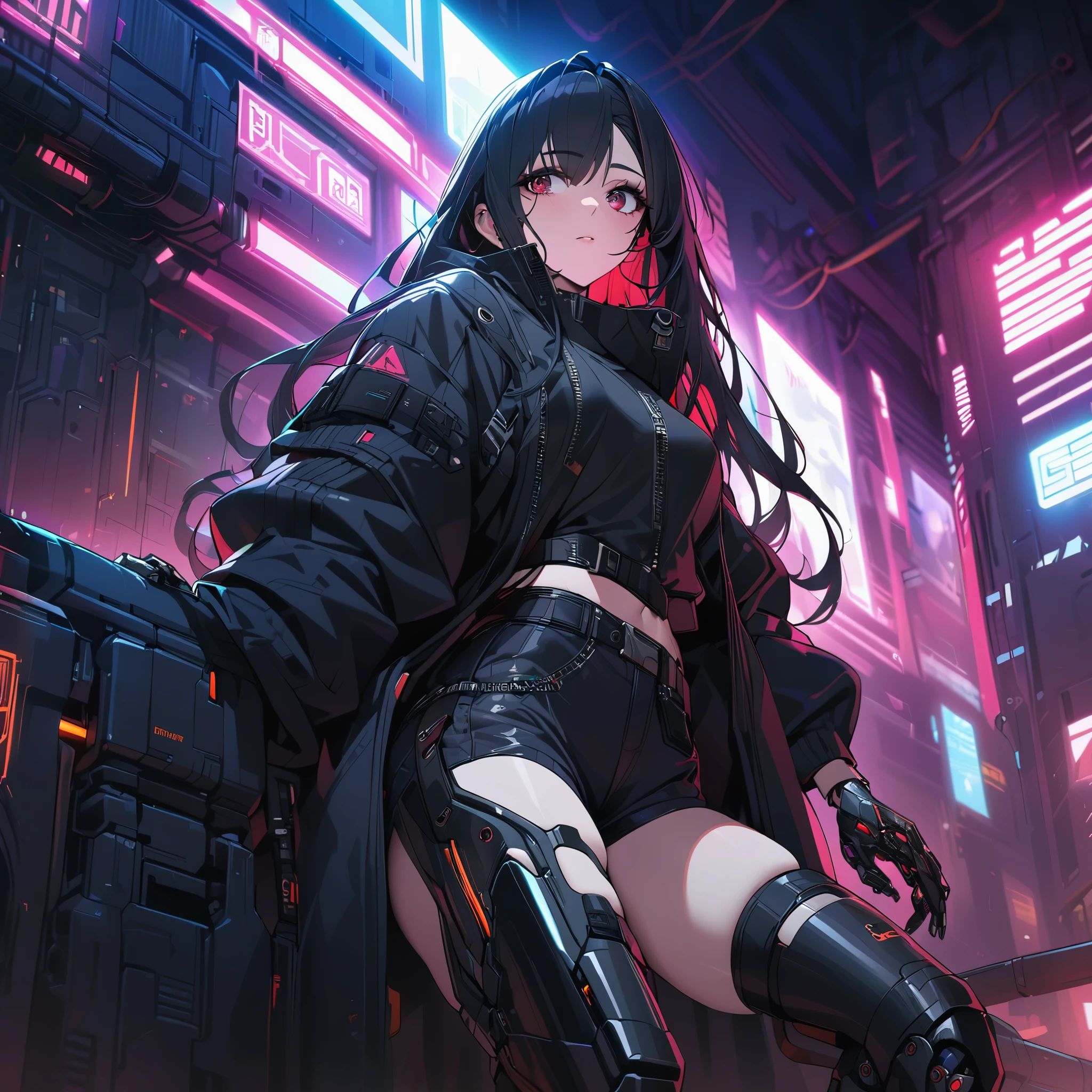 a pretty woman, longhair, belt, black hair, super delicate hair, detailed hair, black long coat, dark red eyes, looking to the side, cyberpunk, prosthetic hand, prosthetic leg, cool, ultra detailed, 8k, masterpiece