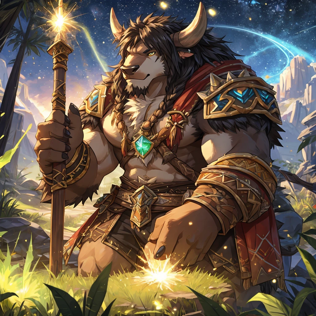 World of Warcraft style，Tauren，animal skin clothing，fuzzy，strong，green energy particles，natural plant magic，Detailed character details