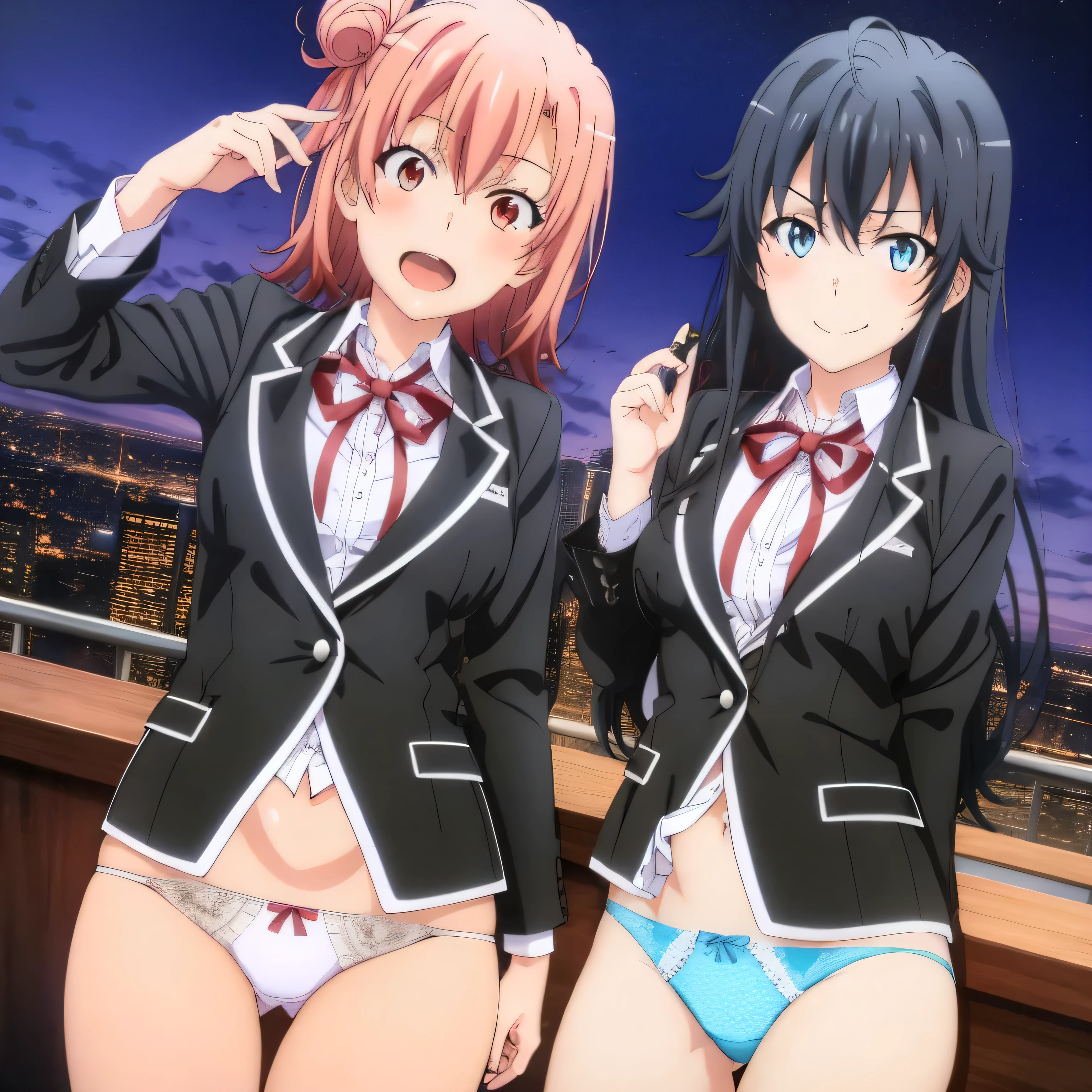 2 girls , Yukinoshita Yukino , yuigahama yui'great bust and hips, waltz dance , uniform,black blazer,white shirt,ribbon,Light pink lace panties,white lace panties,(pussy line:1.0),thighs,high angle,look at the camera,(I'I'I'm embarrassed and blushing),lowered eyebrows,downtown at night