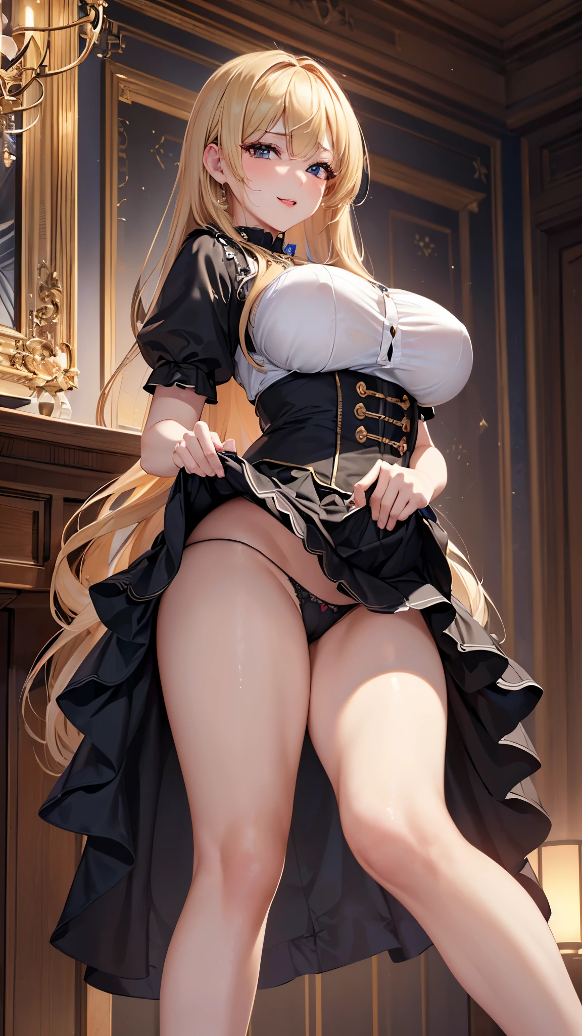 ((highest quality、High resolution、Highly detailed CG Unity 8K wallpaper))、detailed face、perfect body、unparalleled beauty、blonde、beautiful breasts、a sexually excited look、sexy dress with elaborate decoration、((She lifts up her skirt and shows her panties、I&#39;m seducing you))