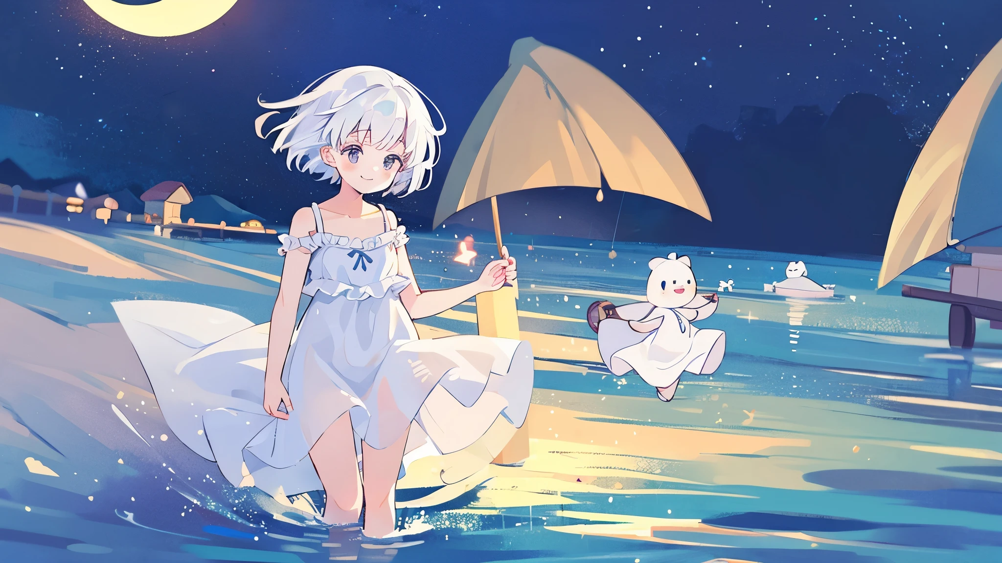 an ocean of stars, night sky, colorful, ethereal, charming girl in a white sheer babydoll dress, white hair, walking on the water, Her smile was filled with tenderness and joy, giant crescent moon, midjourney style