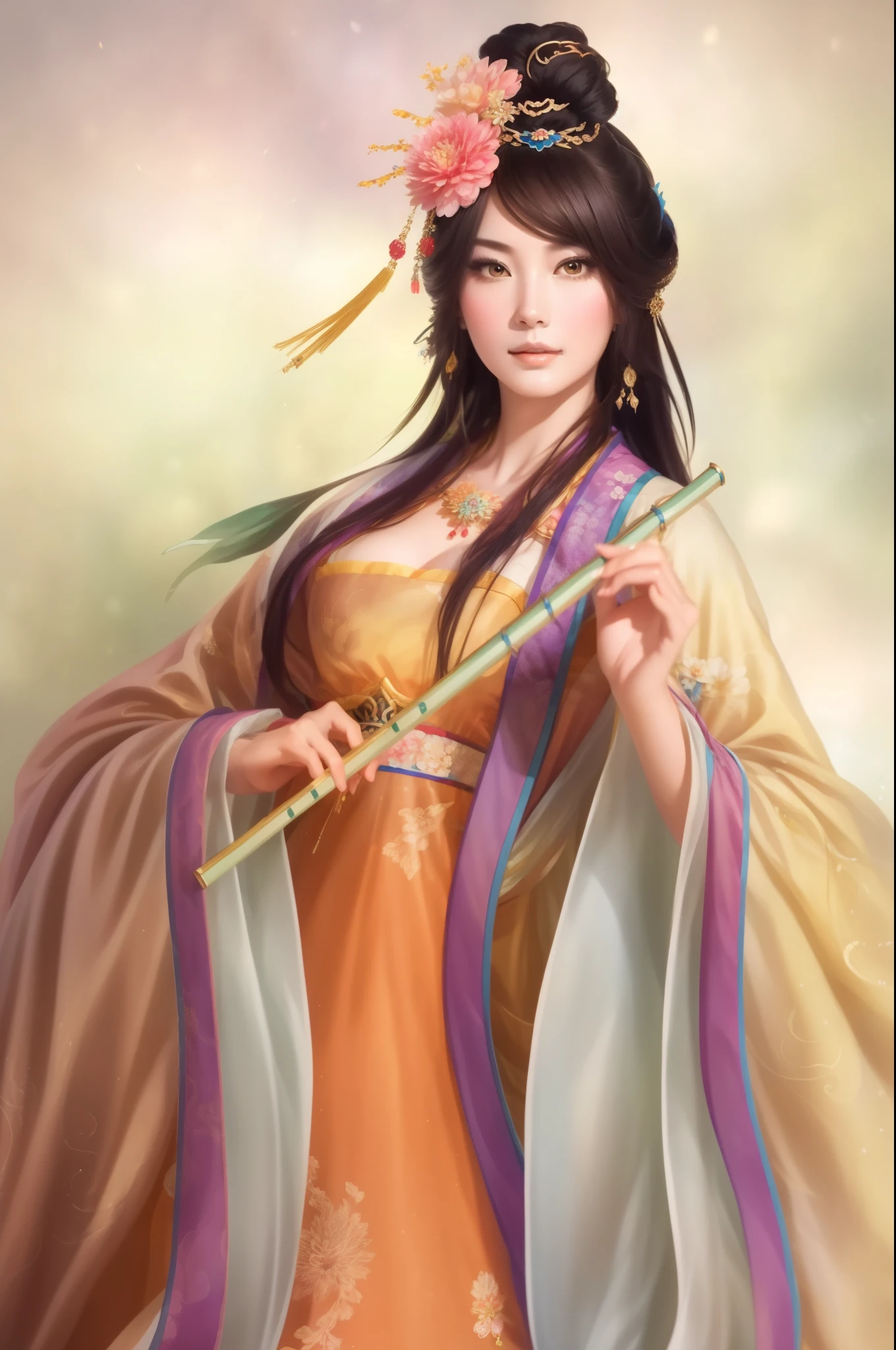 Woman in dress holding flute and flowers, beautiful figure painting, ancient chinese princess, beautiful fantasy queen, ancient chinese goddess, ((beautiful fantasy queen)), inspired by trees, Inspired by Qiu Ying, Chinese beauty, Inspired by Zhu Lian, Inspired by Wu Li, Inspired by Lan Ying, asian dynasty princess