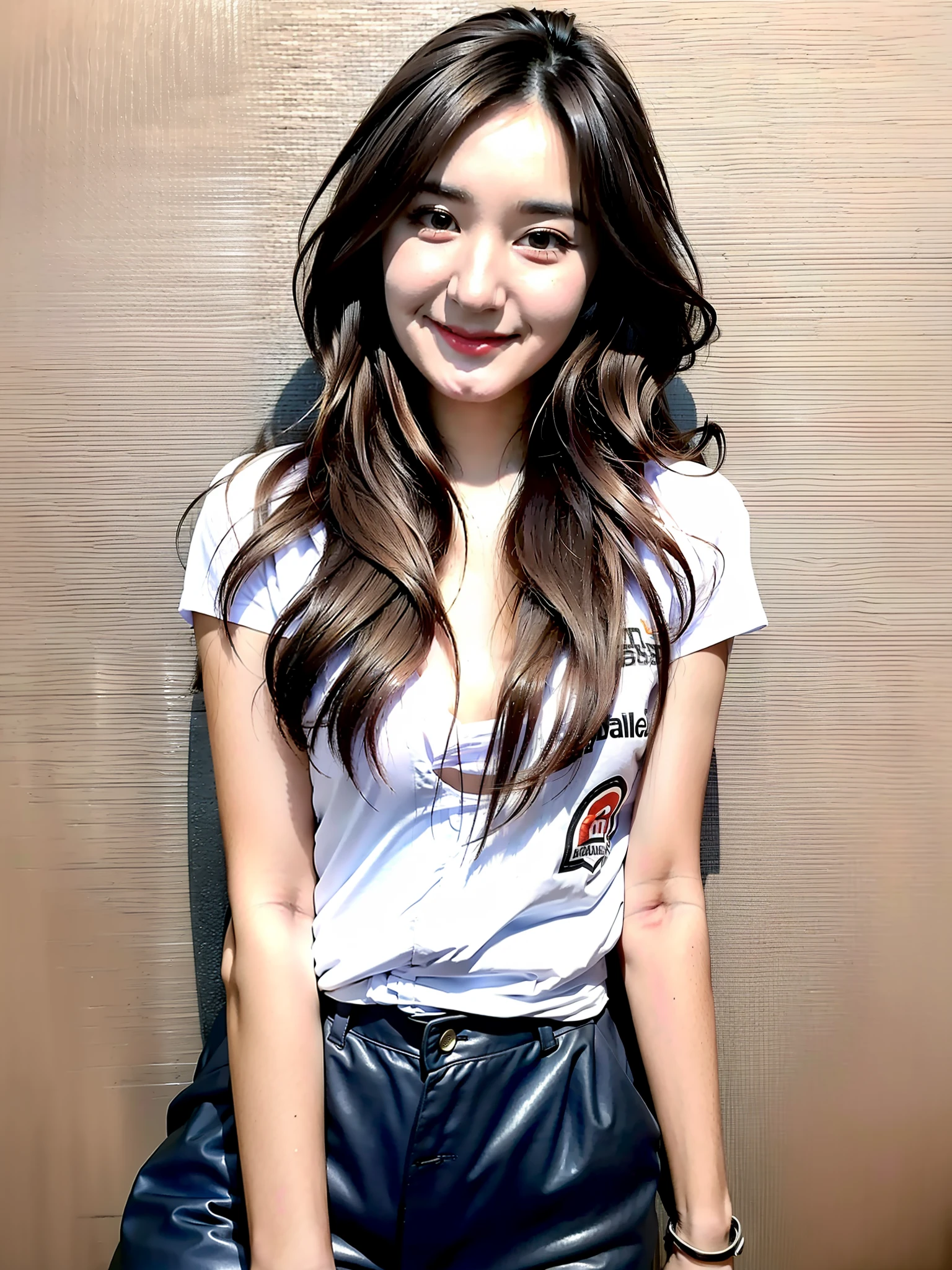 (hyperrealistic), (illustration), (high resolution), (8K), (extremely detailed), (best illustration), (beautiful detailed eyes), (best quality), (ultra-detailed), (masterpiece), (wallpaper), (photorealistic), (natural light), (detailed face), (high detailed realistic skin texture), (anatomically correct), (solo), (1 girl), (high detailed realistic hair), (caramel hair), (heterochromic eyes), (detailed eyes), (brown eyes), (sparkling eyes), (realistic big breasts), (slender abs), (dynamic pose), (closed tiny mouth), (concentrated expression), (upon body from head to thigh), (dimple)