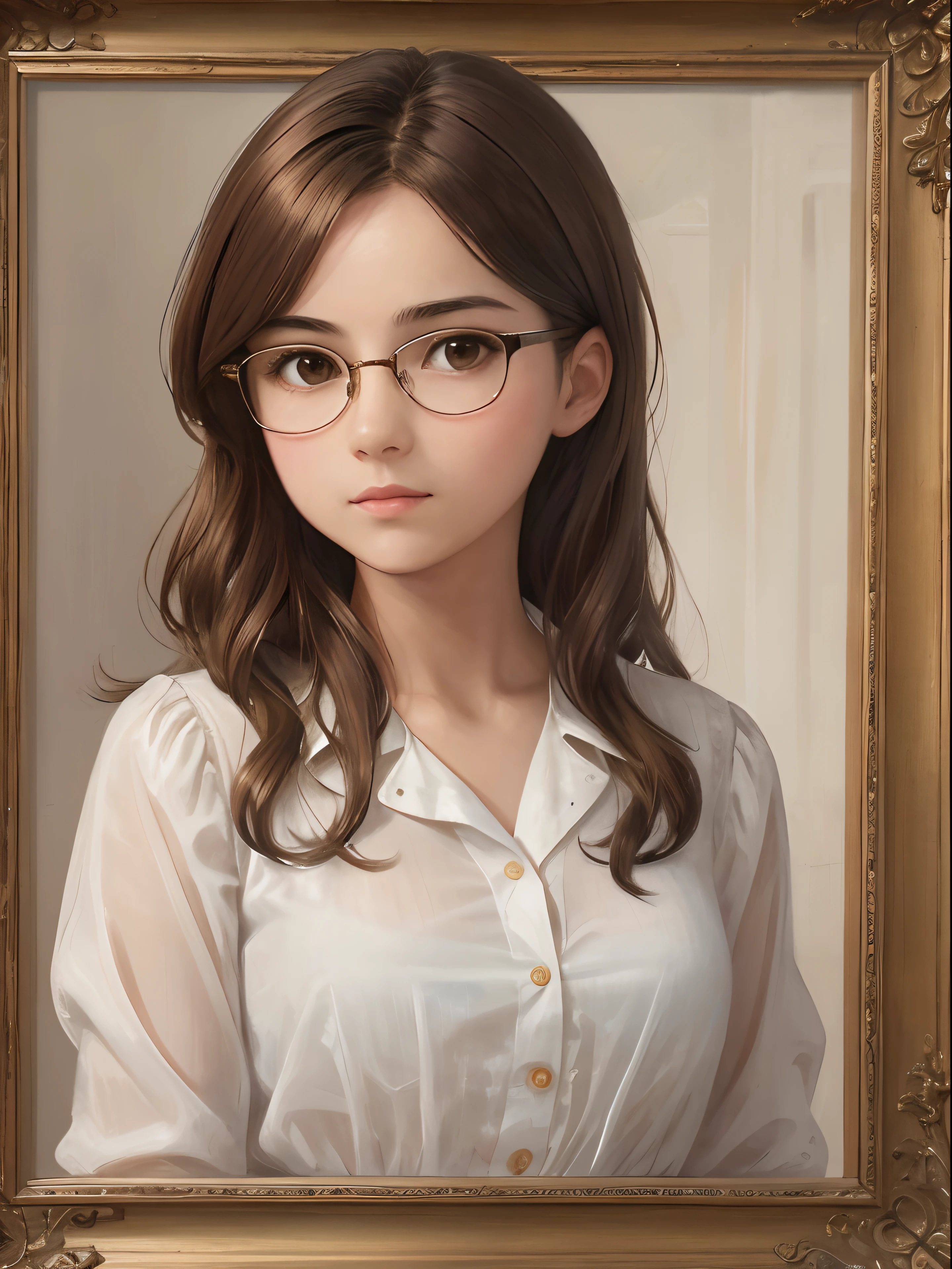 1 girl, Beautiful teenage girl, extremely small breasts, short wavy brown hair, brown eyes, Glasses, portrait, oil paint, contemporary, Very transparent silk blouse with top button undone, realistic proportions, Complex, Complex詳細, sharp focus