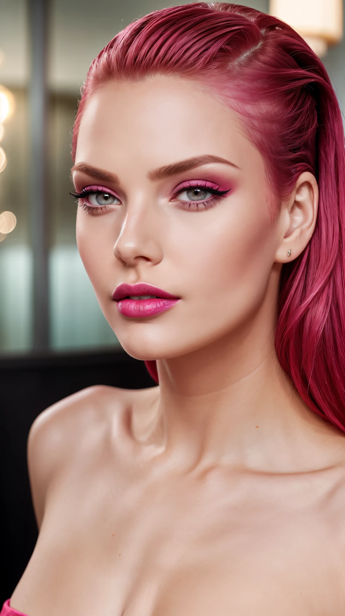 Pink make-up,  pink lipstick, slicked back red hair, Detailed Face, Detailed Lips, Detailed Eyes, 