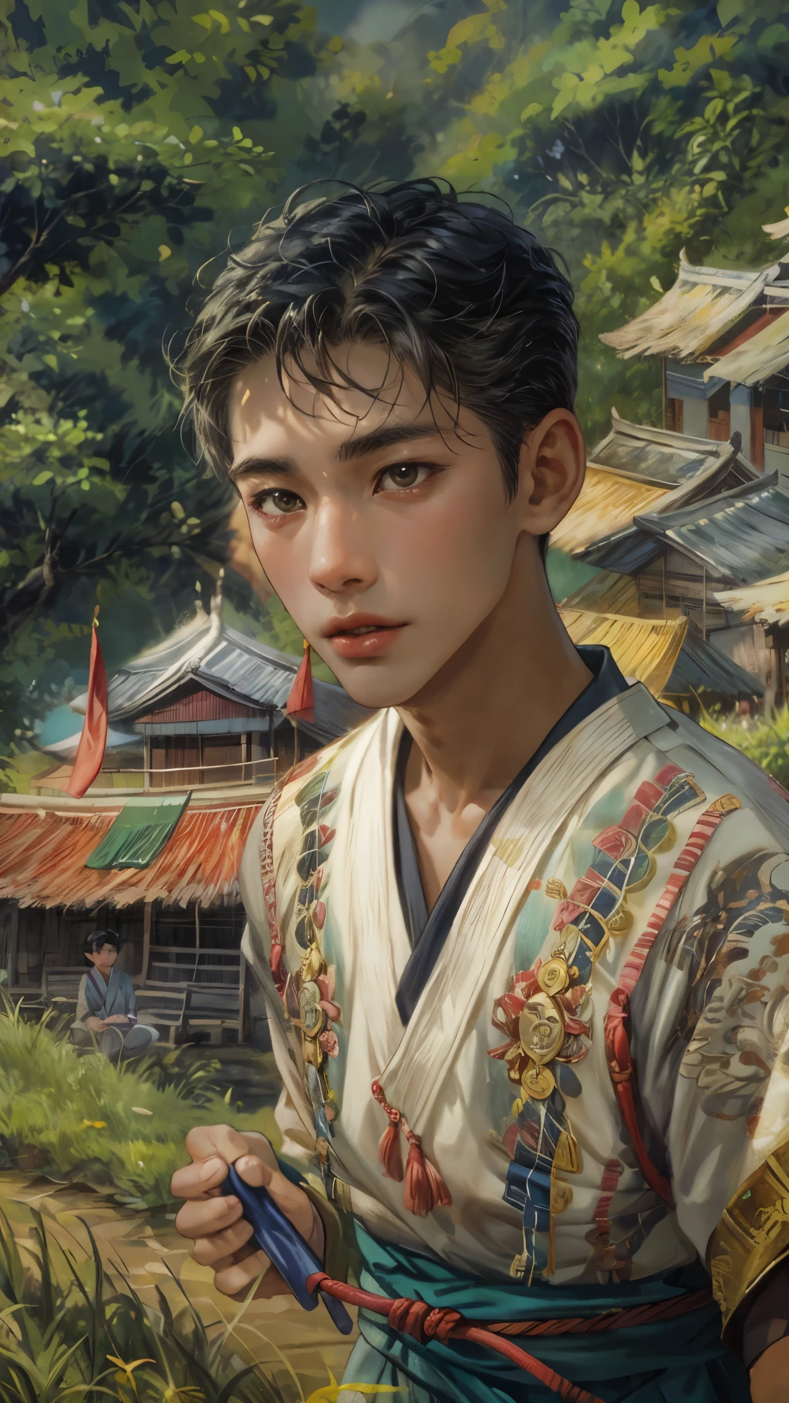 (masterpiece,best quality,ultra_detailed,highres,absurdres), close-up , perfect face, handsome boy, shorthair, ifugao boy, Philippine ethnic costume, detailed festival in town scenery, scenery of town Philippines style, detailed character