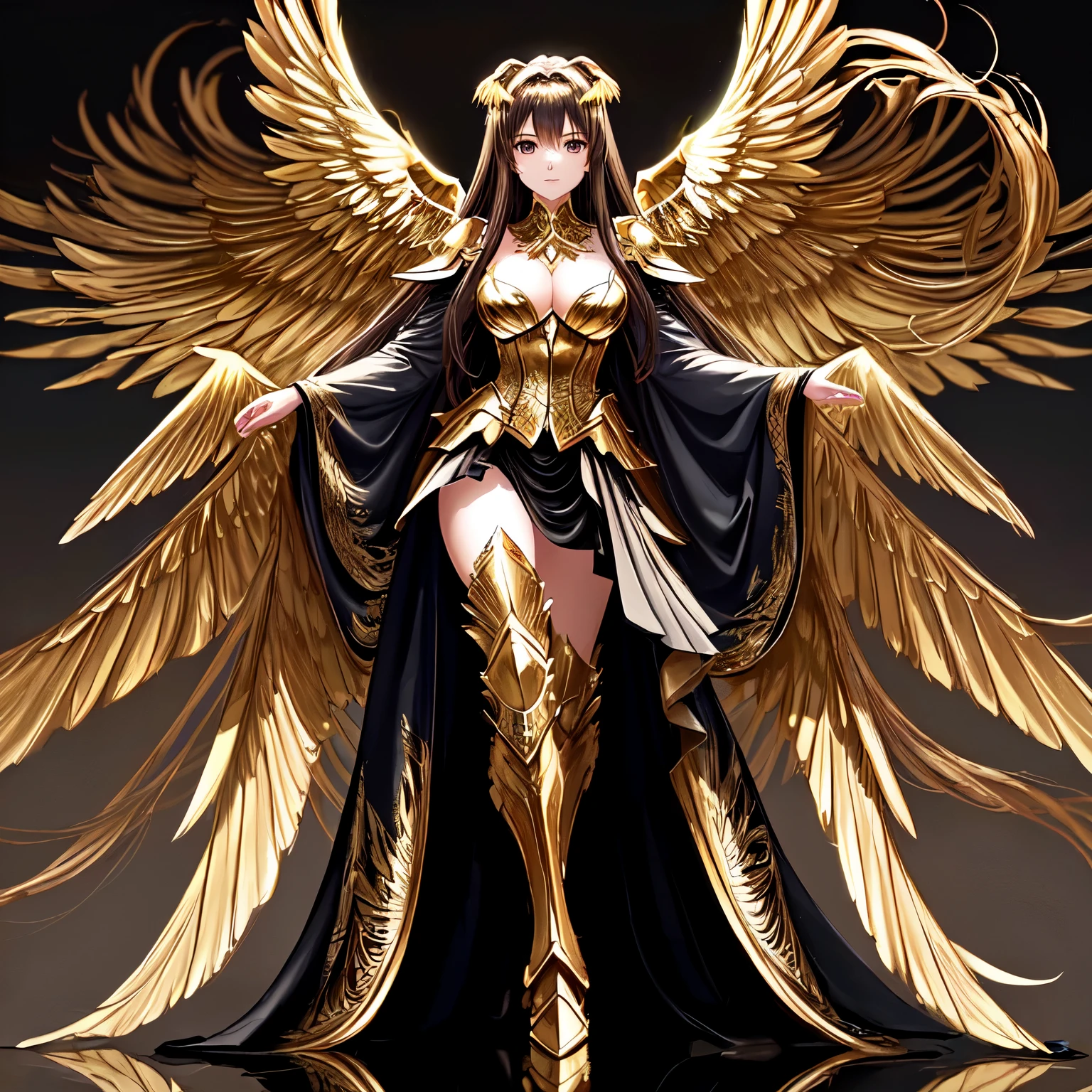 (masterpiece), (best quality), (high detail), nsfw, best quality, extremely beautiful, beautiful face, angel woman, 2 big golden wing, full body. revealing armor with open_front_skirt, very long dark hair
