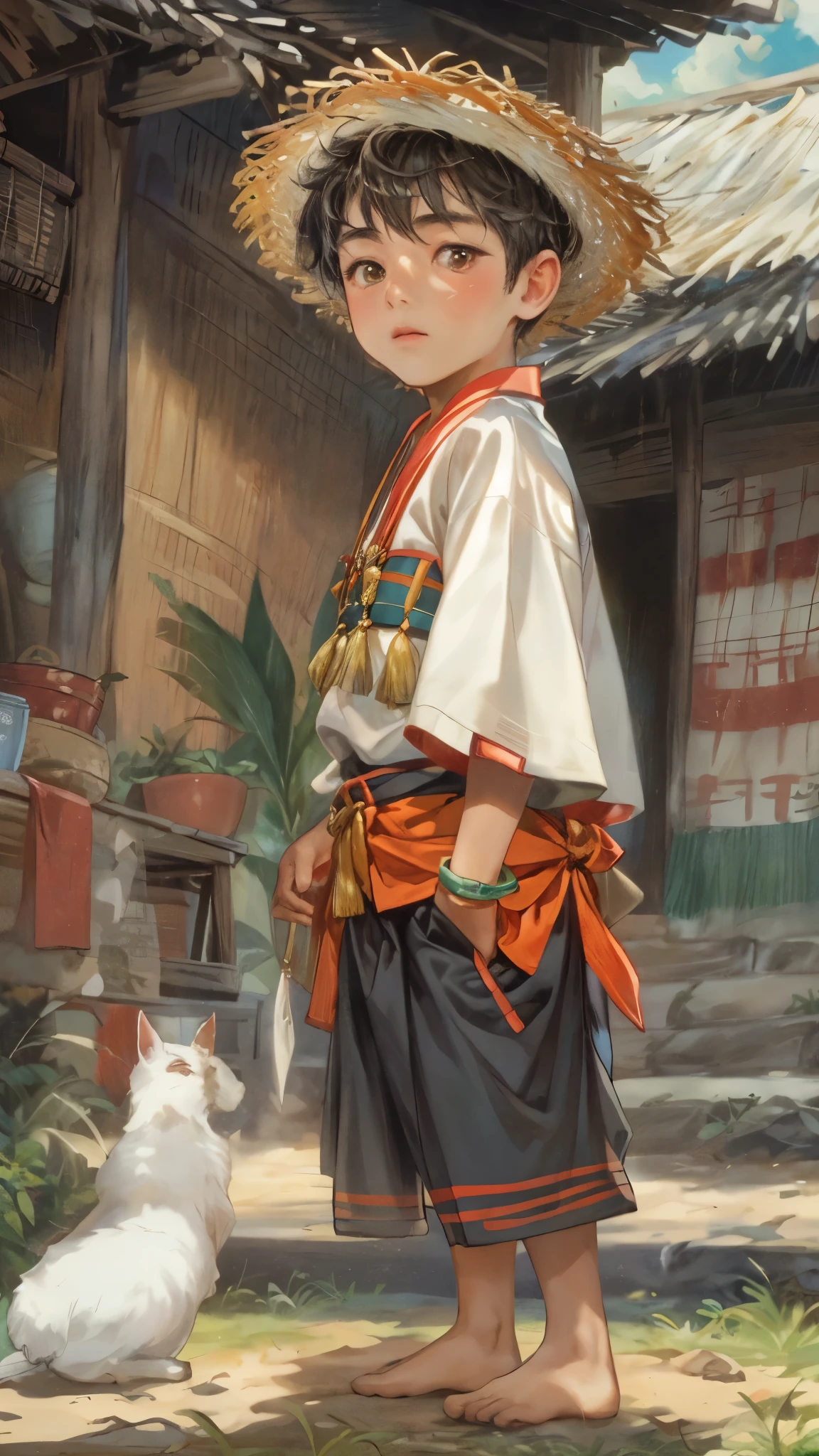 (masterpiece,best quality,ultra_detailed,highres,absurdres), close-up , perfect face, handsome boy, shorthair, ifugao boy, Philippine ethnic costume, detailed festival in town scenery, scenery of town Philippines style, detailed character