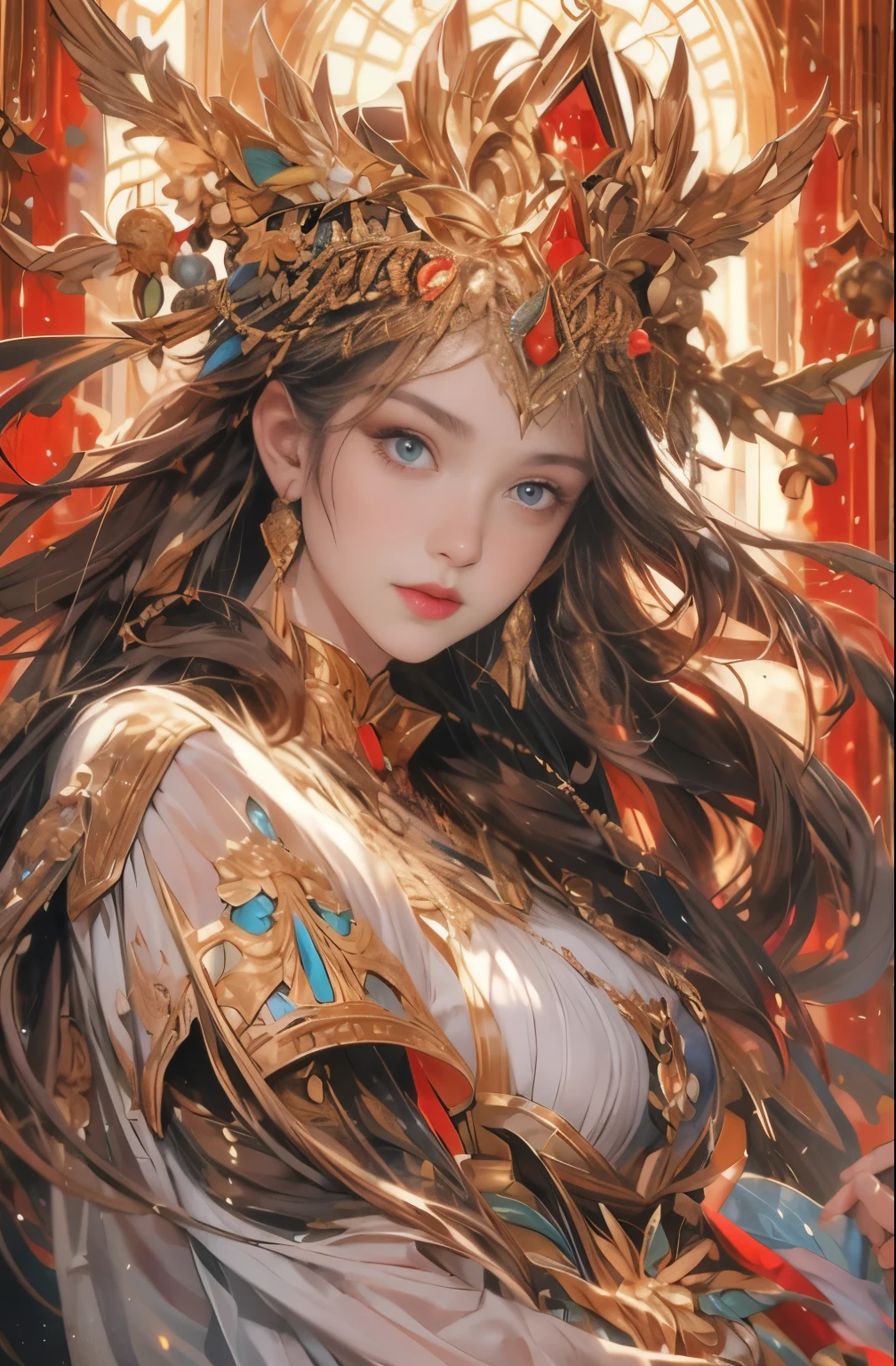 Gold and red tones、fantasy、Ancient mythology、ancient mesopotamia、hour of dusk、Mysterious、solemnity、majestic、highest quality, masterpiece、Ishtar, goddess of war、majestic hall々, battlefield commander、Guardian of Babylon、increase fighting spirit、fiery red long hair、queen of babylon, invincible general、Majestic Hall々、Brave、glory of babylon、honor of babylon、Treasure of Babylon, veteran hero、The unparalleled beauty of elongated eyes、refinement、Noble、i am proud、Wearing Noble jewelry、Equip your weapons、looks like fancy golden armor、cloak fluttering in the wind、Tall and lean、fiery red long hair、perfect angle、perfect composition、Low - Angle、Full body Esbian, Works that influenced Chen Yifei, Works that influenced Francesco Hayes, Inspired by Hendrik Terbruggen, Jean＝Works that influenced Auguste Dominique Ingres, Works that influenced Liu Jun, Jean＝Works that influenced Auguste Dominique Ingres, highest quality, perfect angle, perfect composition, best shot, official art, cinematic light, figurative art, Beautiful and expressive paintings, Beautiful artwork illustration, wonderful, cool beauty, clear, Mysterious, highest quality, official art, Very delicate and detailed painting style, Beautiful painting art, perfect light, perfect composition, perfect angle, The perfect subject, best shot, women only, sharp outline, pretty much beautiful face, very beautiful and delicate eyes, delicate and beautiful eyes, Close-up

