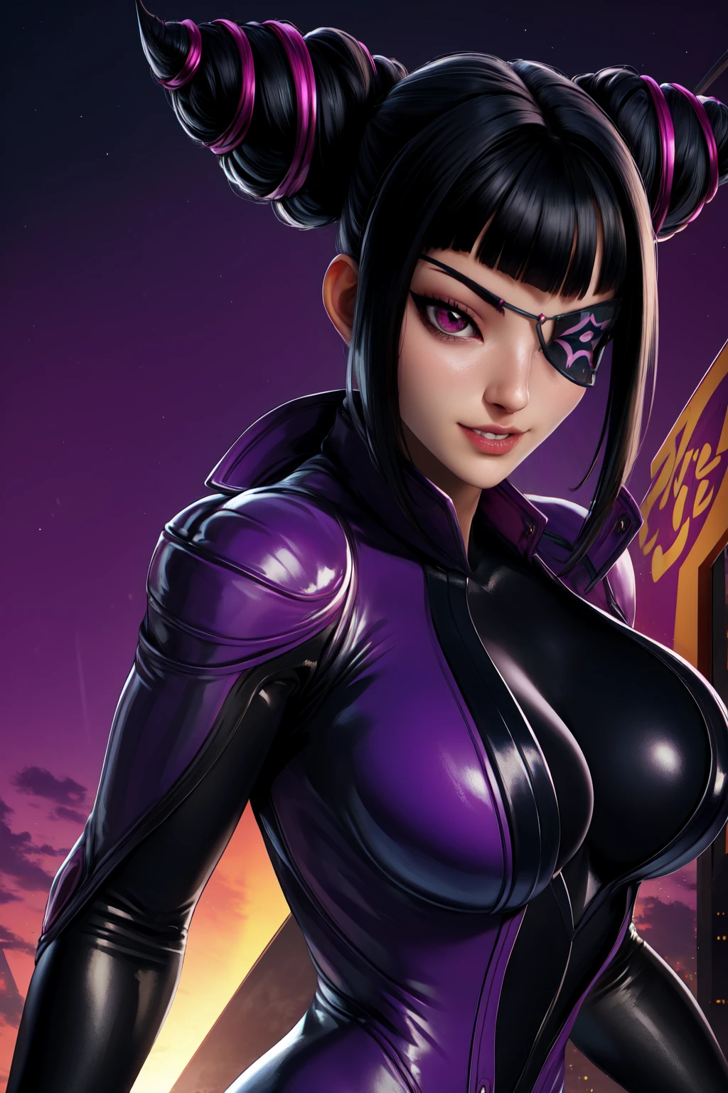 Juri , black hair,two-tone hair, hair horns, purple eyes, eyepatch,  
bodysuit, clothing cutout, 
standing, upper body, evil smile, 
night club,
(insanely detailed, beautiful detailed face,beautiful detailed eyes, masterpiece, best quality) , solo, dinamic poses, shinning eyes, walking, laying, sitiing, dinamic poses