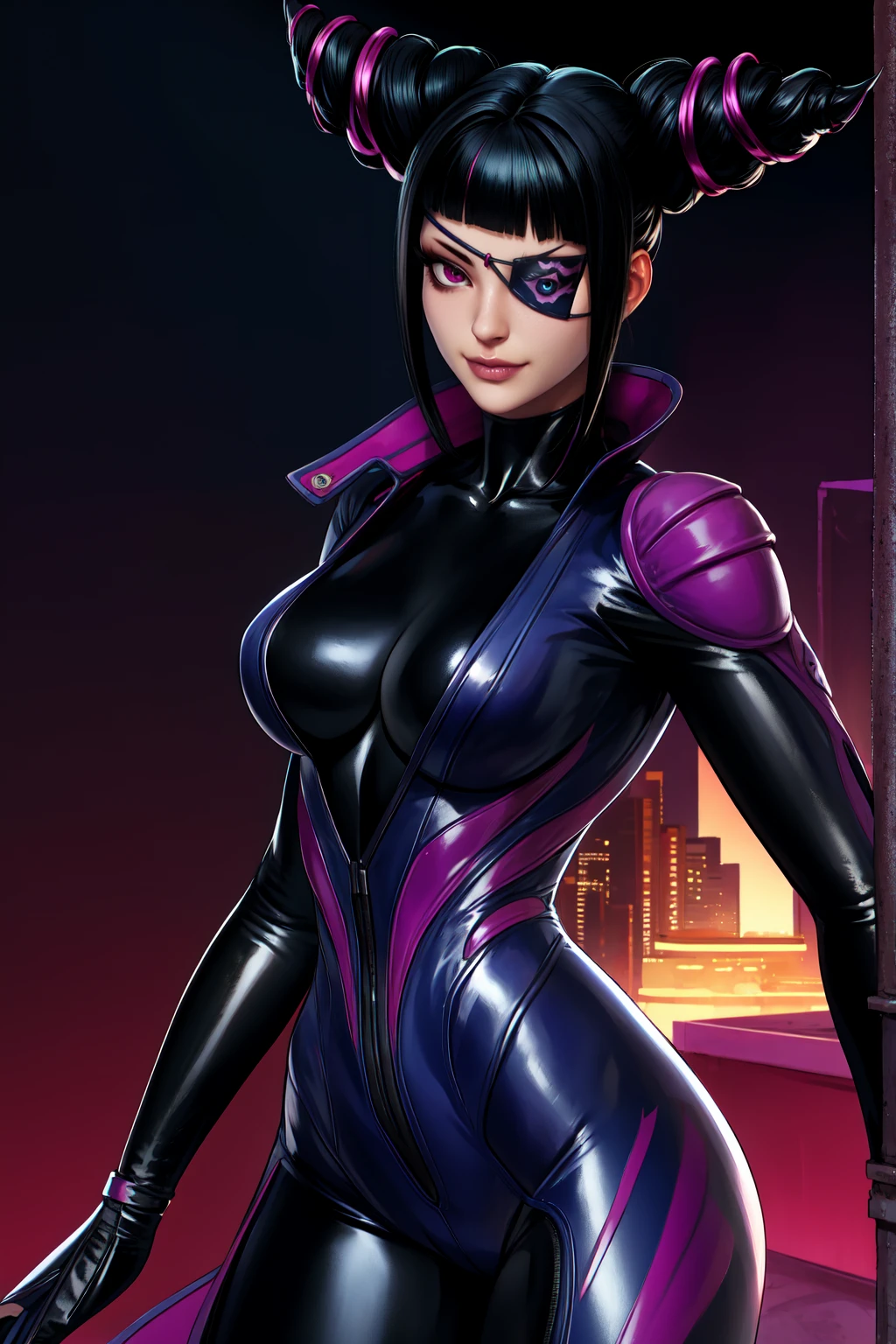 Juri , black hair,two-tone hair, hair horns, purple eyes, eyepatch,  
bodysuit, clothing cutout, 
standing, upper body, evil smile, 
night club,
(insanely detailed, beautiful detailed face,beautiful detailed eyes, masterpiece, best quality) , solo, dinamic poses, shinning eyes, walking, laying, sitiing, dinamic poses