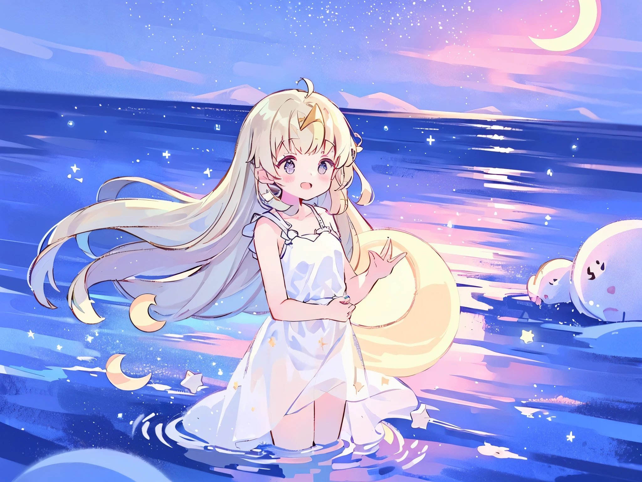 an ocean of stars, night sky, colorful, ethereal, charming girl in a white sheer babydoll dress, white hair, walking on the water, Her smile was filled with tenderness and joy, giant crescent white moon dipping into the water in the background, (((((((stars))))))