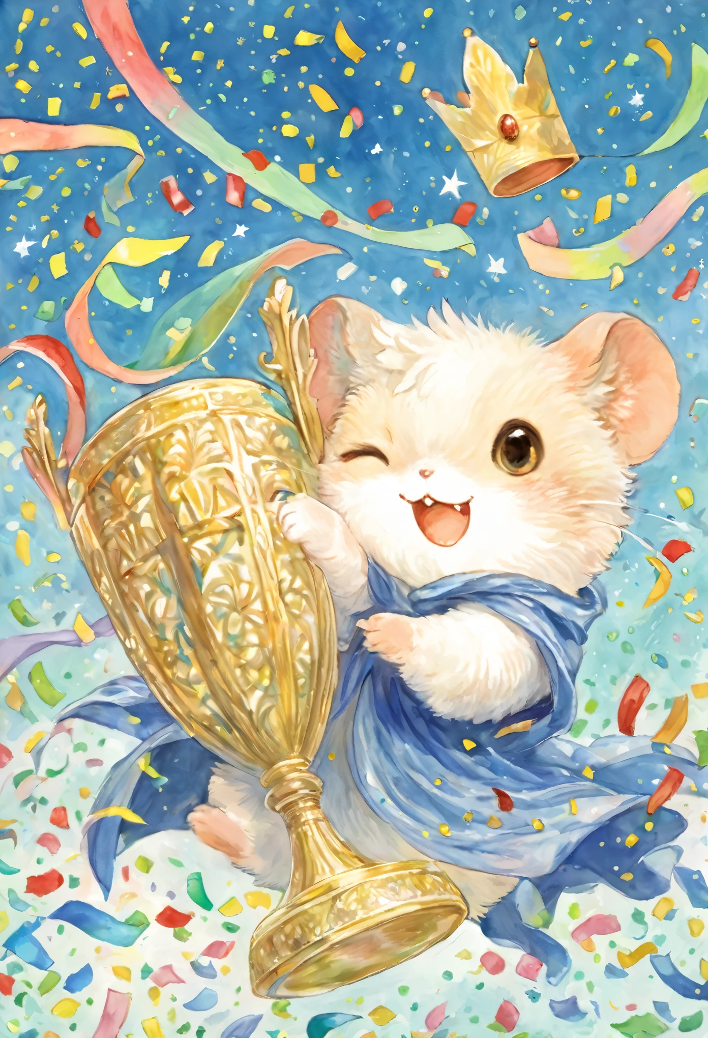 ((danceハムスター)),((confetti)),dance,raise your hand,jump,open your mouth,indoor,masterpiece,highest quality,fluffy hamster,a bit,cute,fun,happiness,,stylish scenery,Sparklingエフェクト,celebration,anatomically correct,all the best,最高にcuteハムスター,cuteハムスター,,fantasy,randolph caldecott style,enlightenment,watercolor painting,Gentle colors,((confetti)),Sparkling,star,light,sequins,crown,The king's cloak,Holding up the trophy