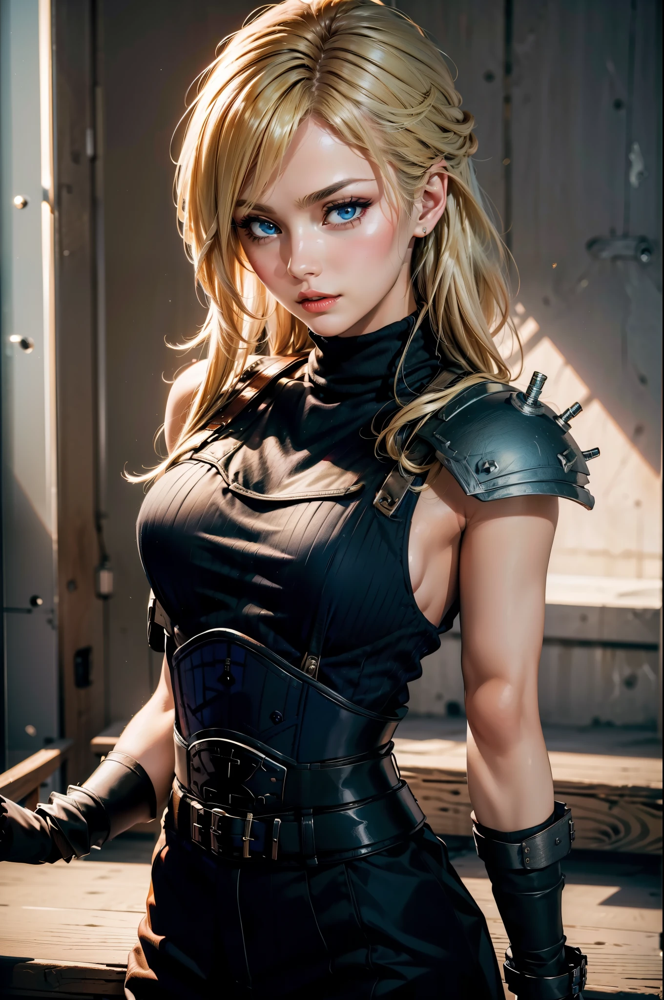 (masterpiece, best quality:1.2), expressive eyes, perfect face, highres, 1 girl, solo, (female:1.5), strife, blonde hair, shoulder armor, sleeveless turtleneck, suspenders, belt, gloves, bracer, blushing, surprised face, standing, portrait, looking at viewer,