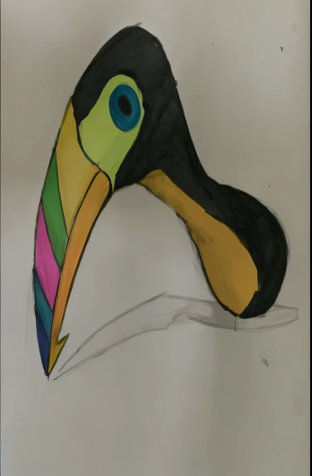 a drawing of a toucan with a colorful beak on a white sheet, 6 toucan peaks, toucan, a surrealistic bird, surrealistic bird, pico grande, dibujo coloreado, anthropomorphic bird, inspirado en Johannes Fabritius, inspirado en Paul Bird, Bird's head, pico largo, grueso y negro brillante, dibujo en color, inspirado en Charles Bird King