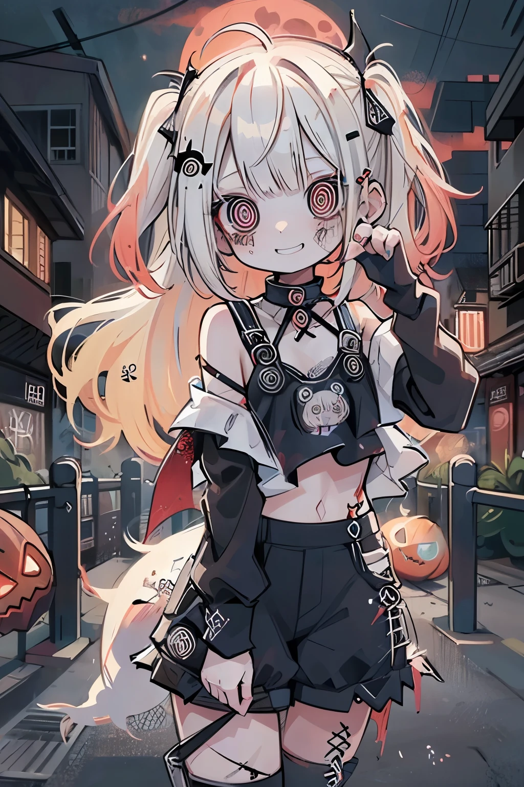 cute, kawaii,solo, 1 girl,small kid,smile,hair floating,hair color blond,zombie,ghost,skin color blue,eyes red,red eyes shining,big eyes,damaged clothes,tube top,hot pants,at night,red moon in the sky,outside,city,smile,bust up,halloween style,