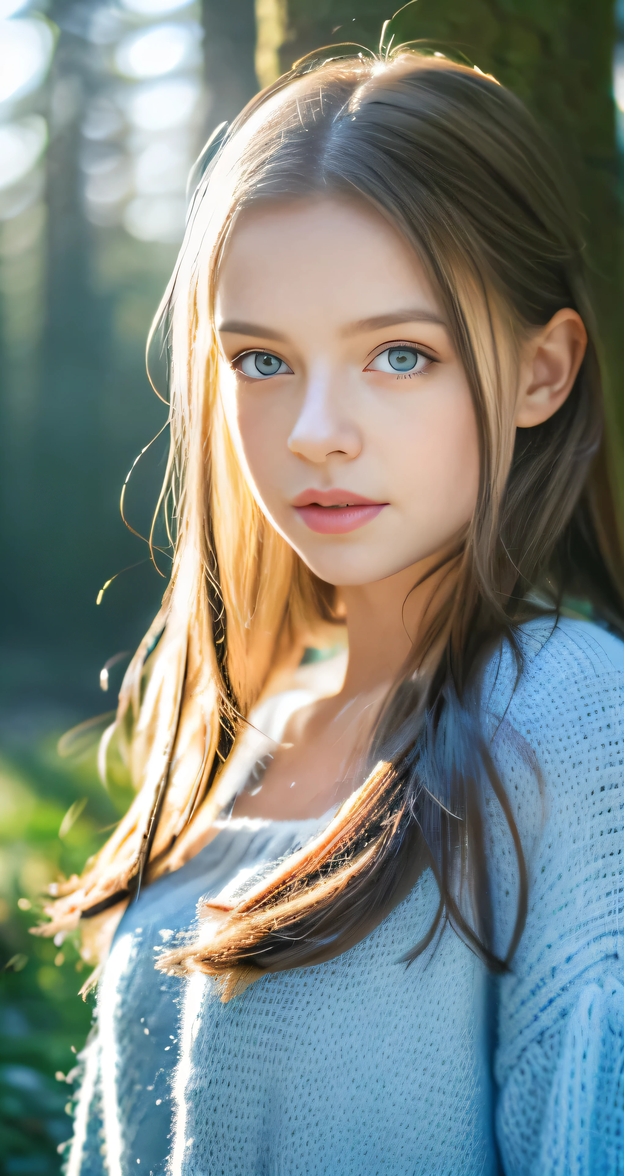 Portrait, high quality, Ukrainian fairy winter snow in the forest through the trees About 10 years old, blue eyes, smooth skin, ((Best quality, 8k, Masterpiece :1.3)), 1girl, Pretty girl , Casual outfit :1.2, in the forest, Ultra-detailed face, Detailed eyes, Double eyelid
