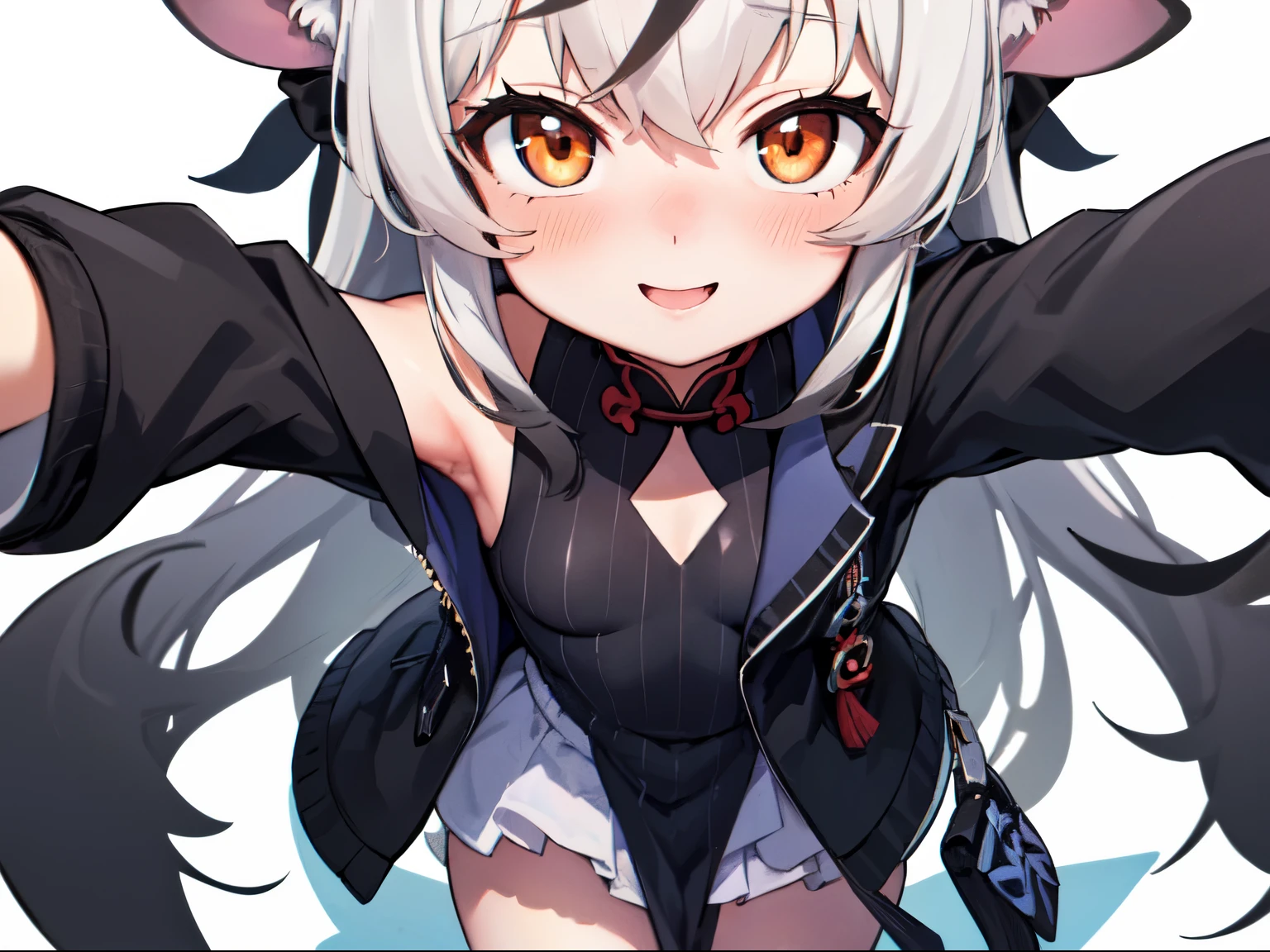 masutepiece, top-quality, ultra-details, Solo Focus, 
(1KOKONA, open arms for viewer), 
pigeon toed, 
, White hair, Orange Eye, Smile:0.8, blush:1.3, 
Black clothes, Black jacket, White skirt, 
(From-front-above, Close-up Face:1.4),