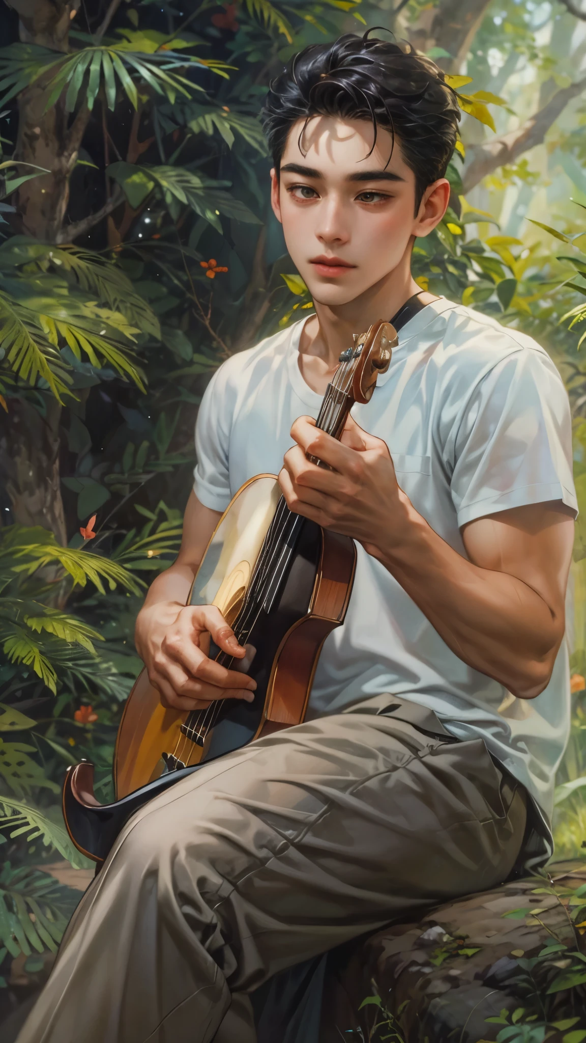 Oil painting In paul_chabas+roberto_ferri art style (1 super sexy naked man standing playing a chrome green violin in the garden, shirtless, pantless, barefoot, looking at the camara) In a super sexy seductive photoshot in the garden The male model is standing on a rock playing the violin ( the most seductive, pasionate, lusty, energy, pasion gaze, ever seen) Intense vibrant dark colors palette becoming the subject composition, 8k resolution, full body, A 20 years old. full body, male model. handsome, splendid naked, thin and ripped body, detailed realistic muscles black hair, green eyes, male gaze. handsome. bodybuilder romanticism, symbols and metaphors. ((images that reflect the strength and masculinity of male models, seductive, sensual, sexy, lusty)) (homoerotism_fullbody_nsfw_seductive) Beautiful details, quirky, distinctive images, stylistically diverse painting, Intricate detailsfull body,
