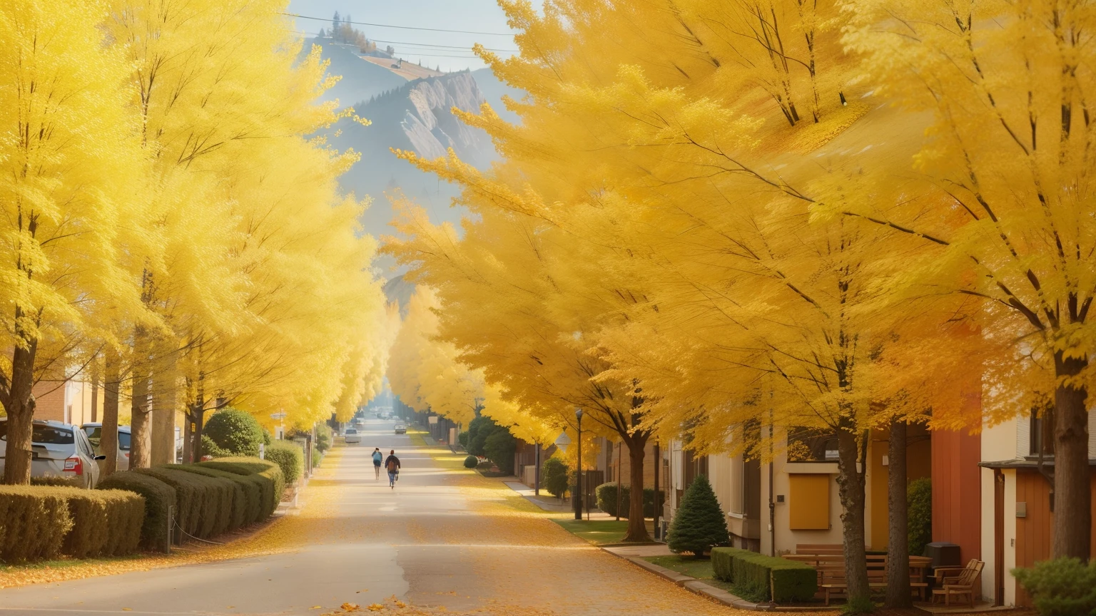 View from tree-lined street, nice images, breath - taking Beautiful tree, breath-taking Beautiful tree, gold的秋天, yellow, Beautiful tree, Maple trees lining the street, yellow, mega, incredibly beautiful, in autumn, shadow, tune, 8K)), autumn period, gold
