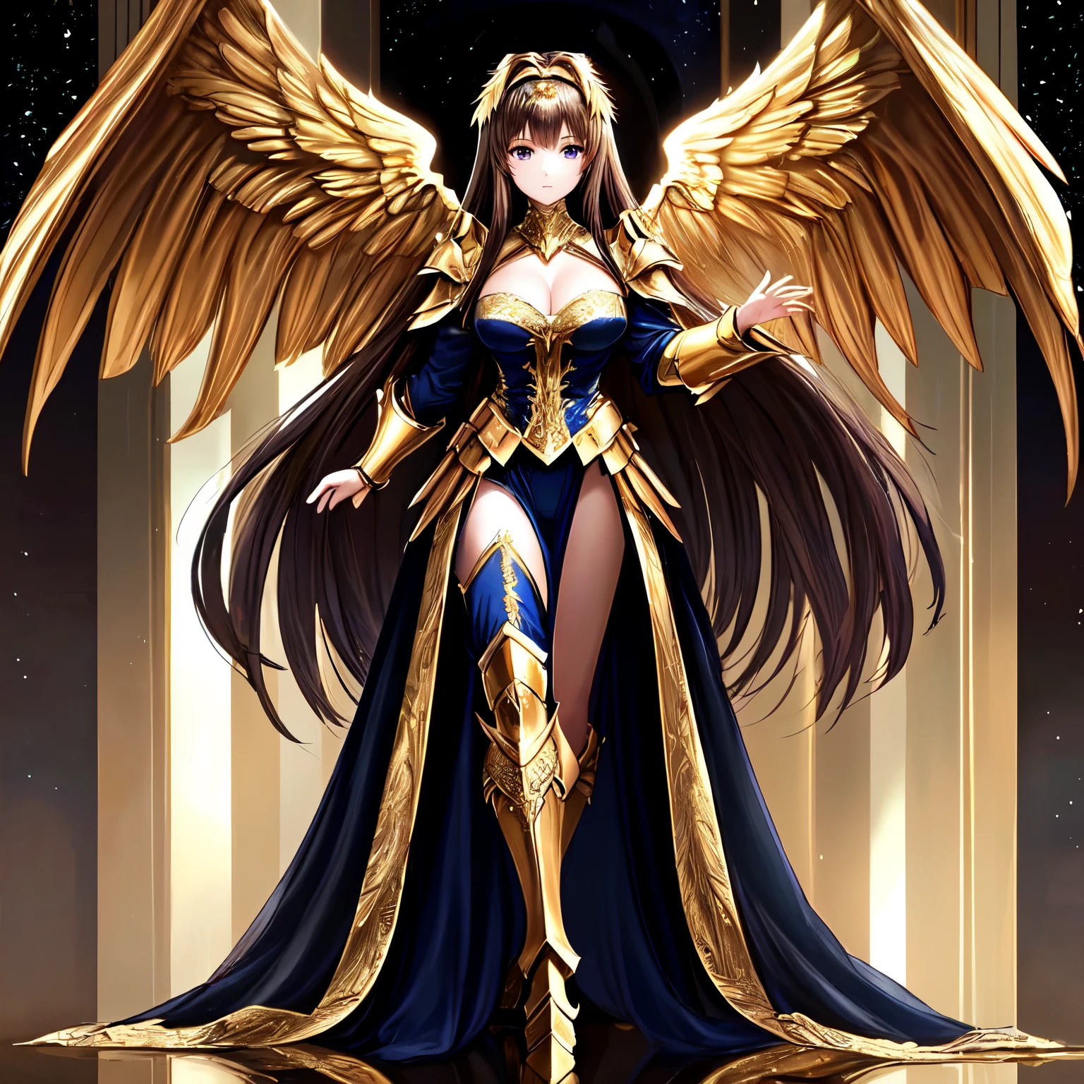 (masterpiece), (best quality), (high detail), nsfw, best quality, extremely beautiful, beautiful face, angel woman, 2 big golden wing, full body. revealing armor with open_front_skirt, very long  dark hair