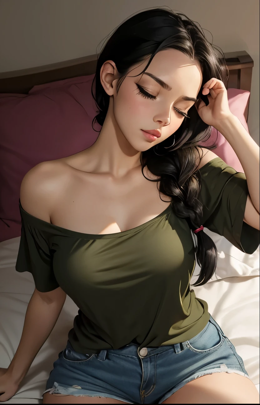 Sexy woman, black hair, single braid, long forehead, eyes closed, lips parted, deepest blush, flustered, lustful, off shoulder olive green t shirt and blue short shorts, lying on bed, very seductive, aroused, head on pillow, facing up