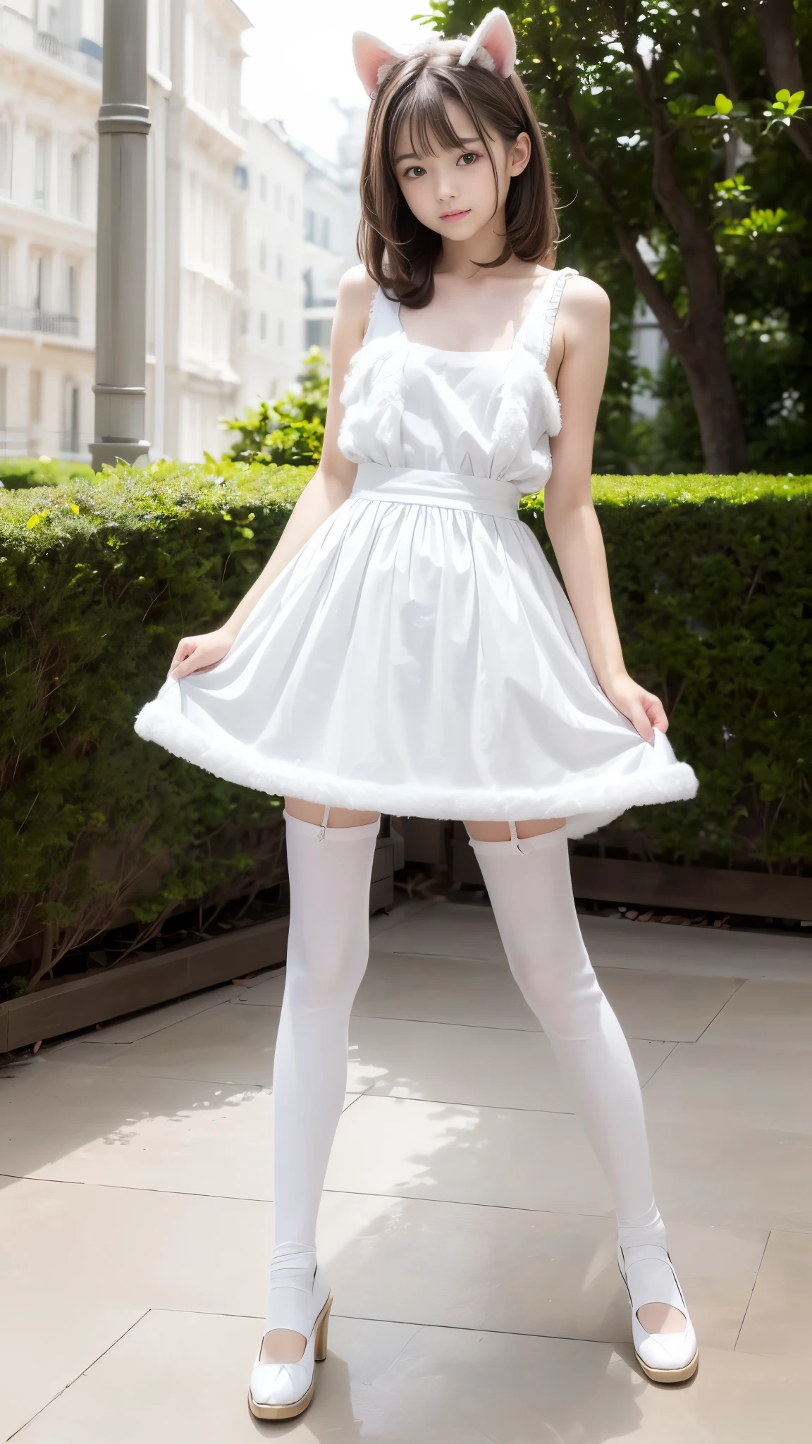 (girl Full body :1.7)（be familiar with：1.4），(14 year old beautiful girl:1.6),（with panoramic view：1.2，full bodyesbian：1.2） correct anatomy, silky brown short hair, side hair, cute white cat cosplay、fluffy white cat fashion、hairy tail, highest resolution and clarity ,red eyes, (beautiful and be familiar withed eye:1.3) Gorgeous Hair Jewelry, 猫の形の頭飾りのmasterpiece, 猫 white fabric (furry person:1.7) ((body, Characteristics of girls, Features of the furry lower body animal ), white pantyhose, furry feet body animal, High resolution、High level image quality、8K、Raw photo、highest quality、masterpiece、table top、（highest quality，高いbe familiar with，masterpiece，official art，movie lighting effects，4k )