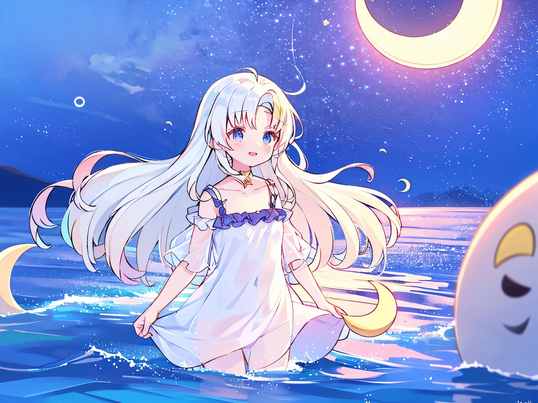 an ocean of stars, night sky, colorful, ethereal, charming girl in a white sheer babydoll dress, white hair, walking on the water, Her smile was filled with tenderness and joy, a giant crescent golden moon sitting on the water in the background, (((((((stars)))))), cosmic ocean, falling stars, shooting stars, (((((crescent moon))))))