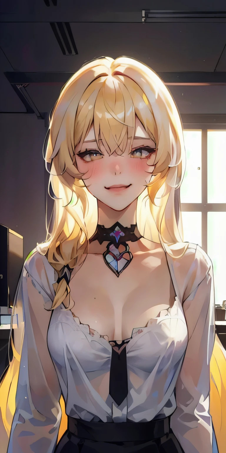 nsfw, masterpiece, (best quality:1.2), (sharp focus:1.2),, 1 girl, slim girl,, (blonde|light_yellow hair), cat ears,, detailed face, young|cute face, blush, evil smile,, natural breasts, thin arms,, white collared shirt with black tie, black choker,, in a modern office, indoor