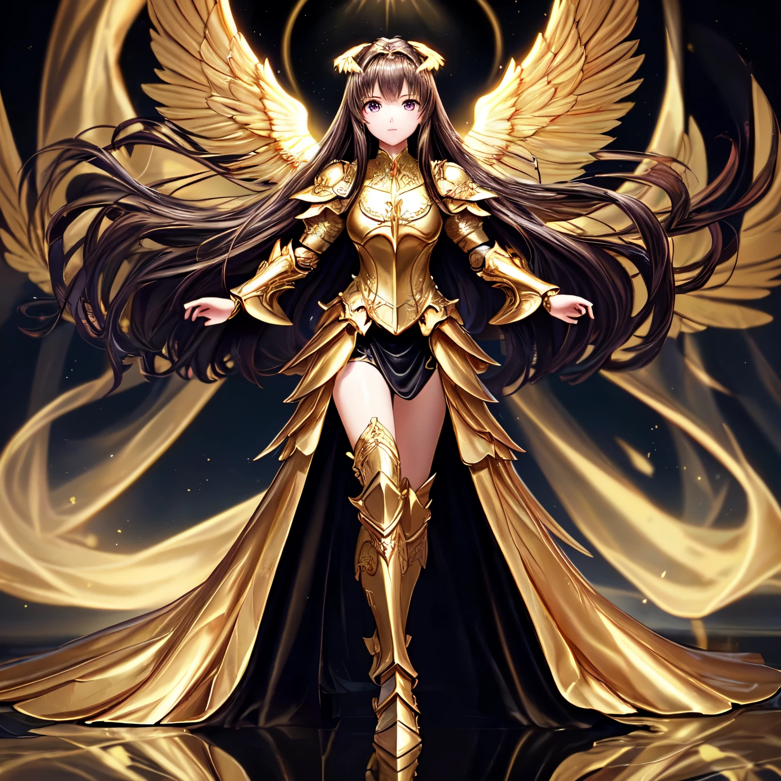 (masterpiece), (best quality), (high detail), best quality, extremely beautiful, beautiful face, angel woman, 4 big golden wing, full body. revealing armor with open_front_skirt, very long  dark hair