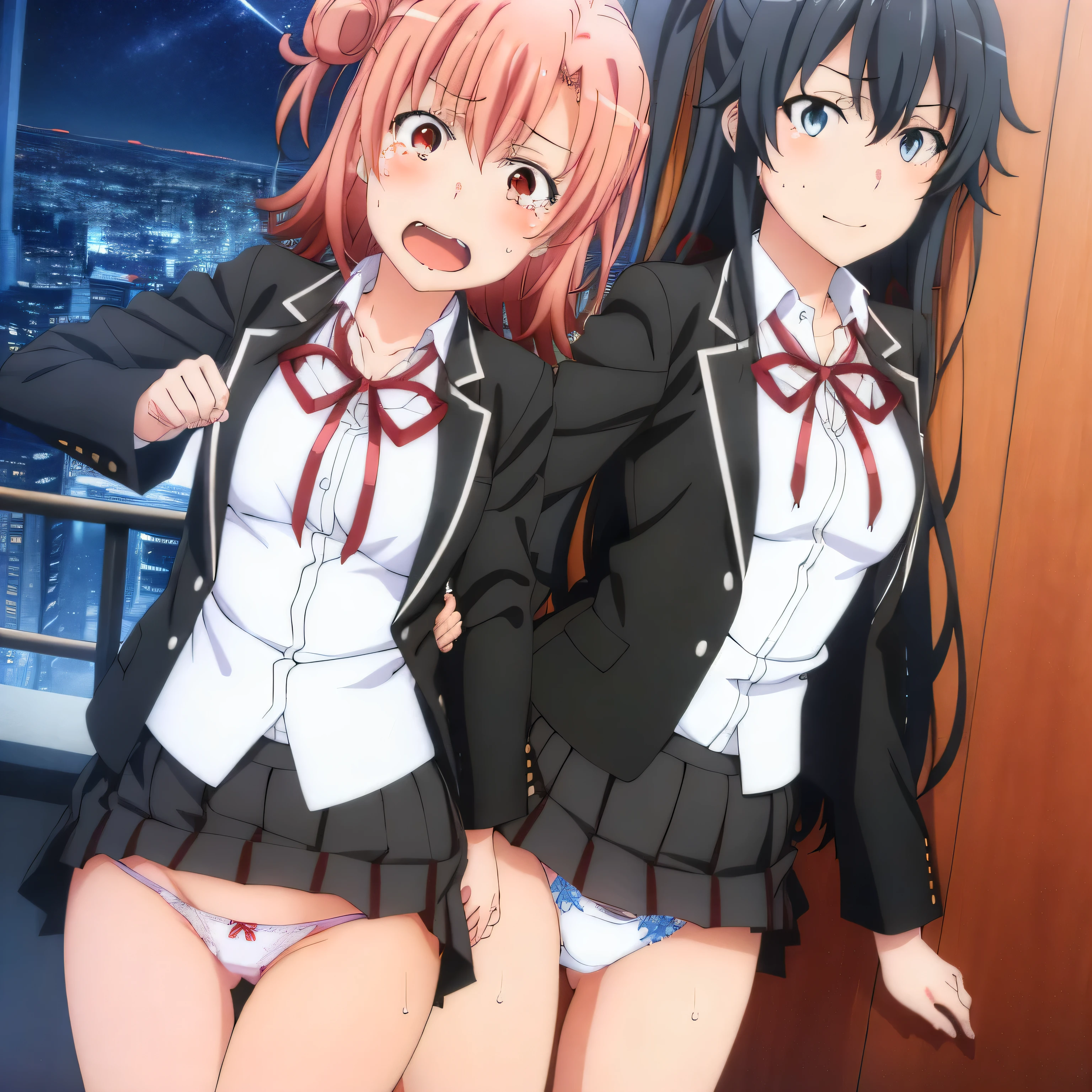 2 girls , Yukinoshita Yukino , yuigahama yui'great bust and hips, waltz dance , uniform,black blazer,white shirt,ribbon,white lace panties,light pink lace panties,(pussy line:1.0),thighs,high angle,look at the camera,(I'I'I'm embarrassed and blushing),crying face,lowered eyebrows,Sweat,downtown at night